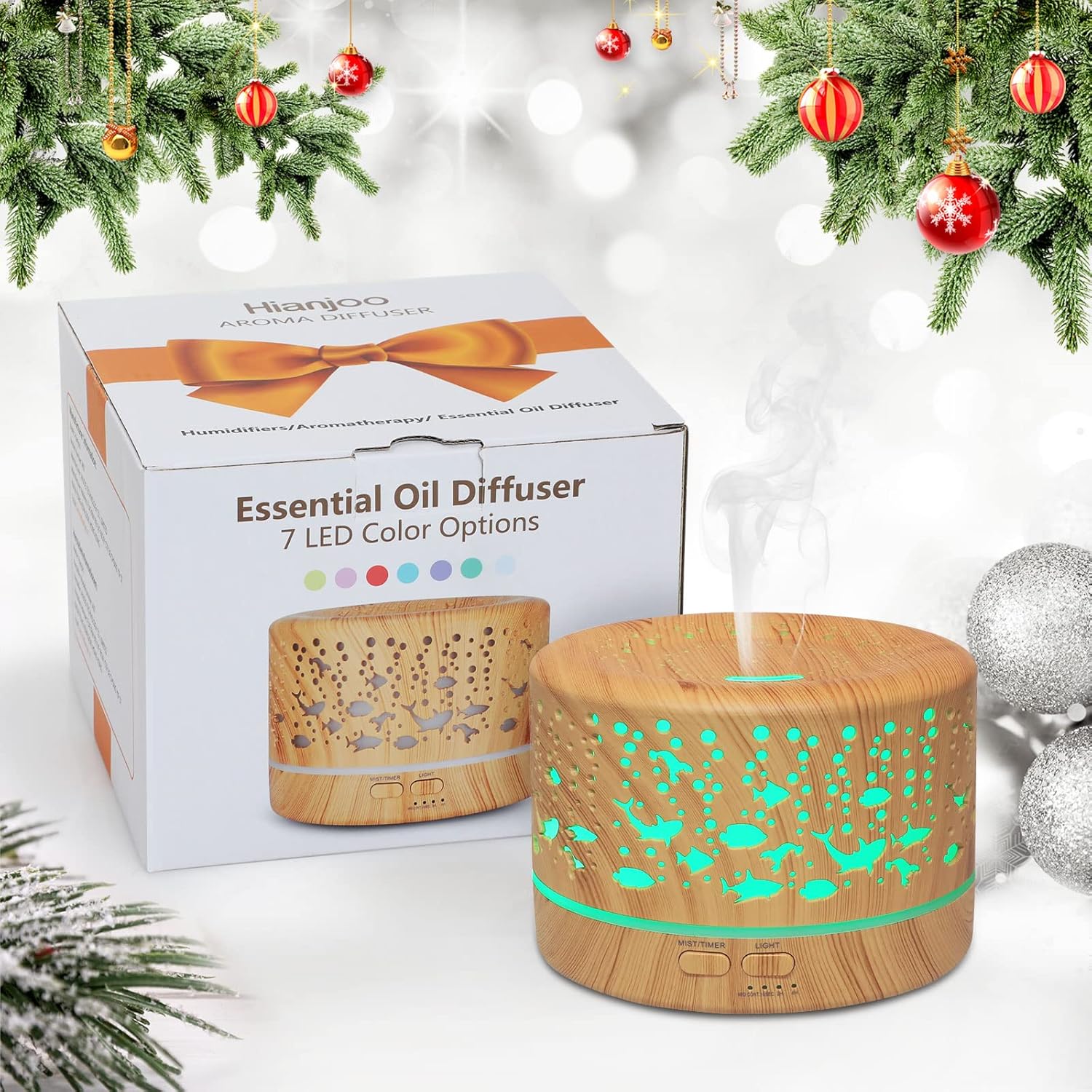 Hianjoo Aroma-Diffusor 700 ml, Luftbefeuchter mit Timer, Ultraschall-Aromatherapie-Diffusor LED mit 7 Farben für Büro, Yoga, Spa, Schlafzimmer – helles Holz – Bild 2