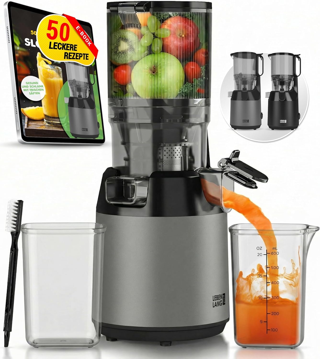 LEBENLANG Slow Juicer – inklusive Rezeptbuch & großer 135-mm-Öffnung I perfekt für Obst, ganze Früchte und Gemüse, 100 % BPA-frei I beste Entsafter-Maschine, Entsafter (grau)