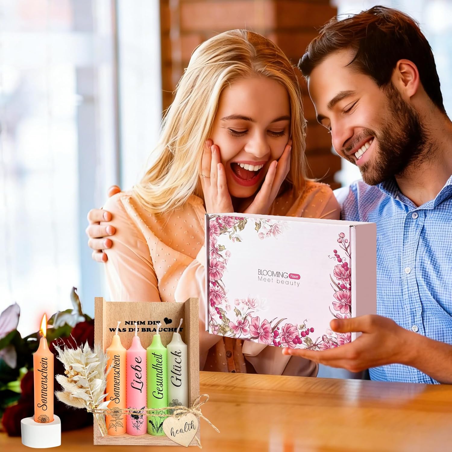 Kerzenset mit Kerzenständer, Geschenke für Frauen, Geschenke für Mama Freundin Schwester Kollegin zum Geburtstag, NIMM DIR WAS DU BRAUCHST Kerzen, Kerzen Deko Geschenkidee mit Holzbox Trockenblumen – Bild 5