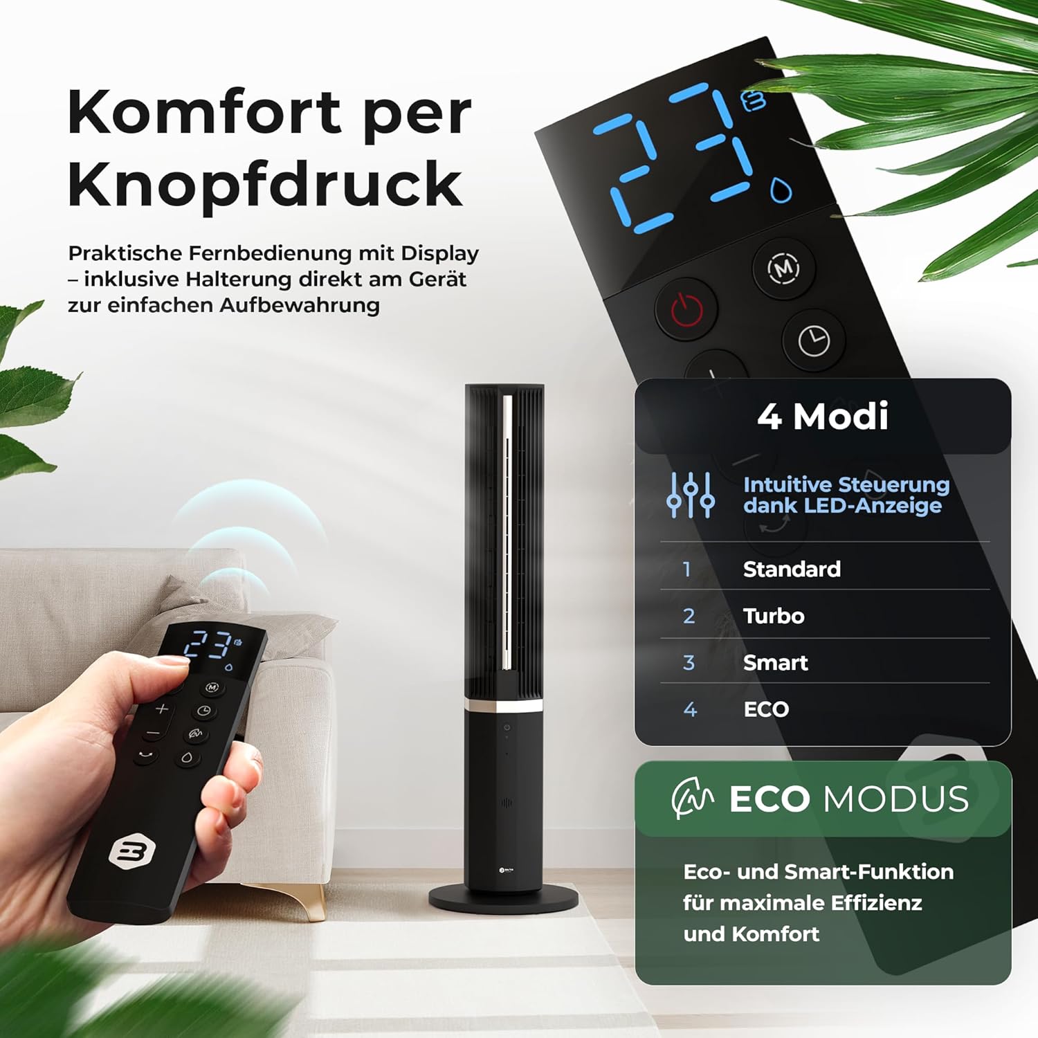 Balter 5-in-1 mobiles Klimagerät ohne Abluftschlauch – Ventilator mit Wasserkühlung – Luftkühler & Luftreiniger, Luftbefeuchter – Turmventilator mit Wasserkühlung – Timer – sehr leise – Bild 5