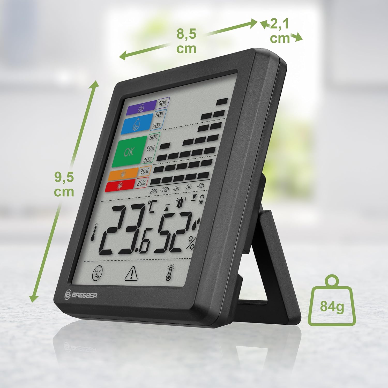 Bresser Thermo-Hygrometer mit Schimmelwarnung, Farbindikator, Raumklima-Manager, misst Temperatur und Luftfeuchtigkeit, Grippe-/Hitzealarm, grafischer Feuchtigkeitsverlauf, 95 x 85 x 21 mm – Bild 5