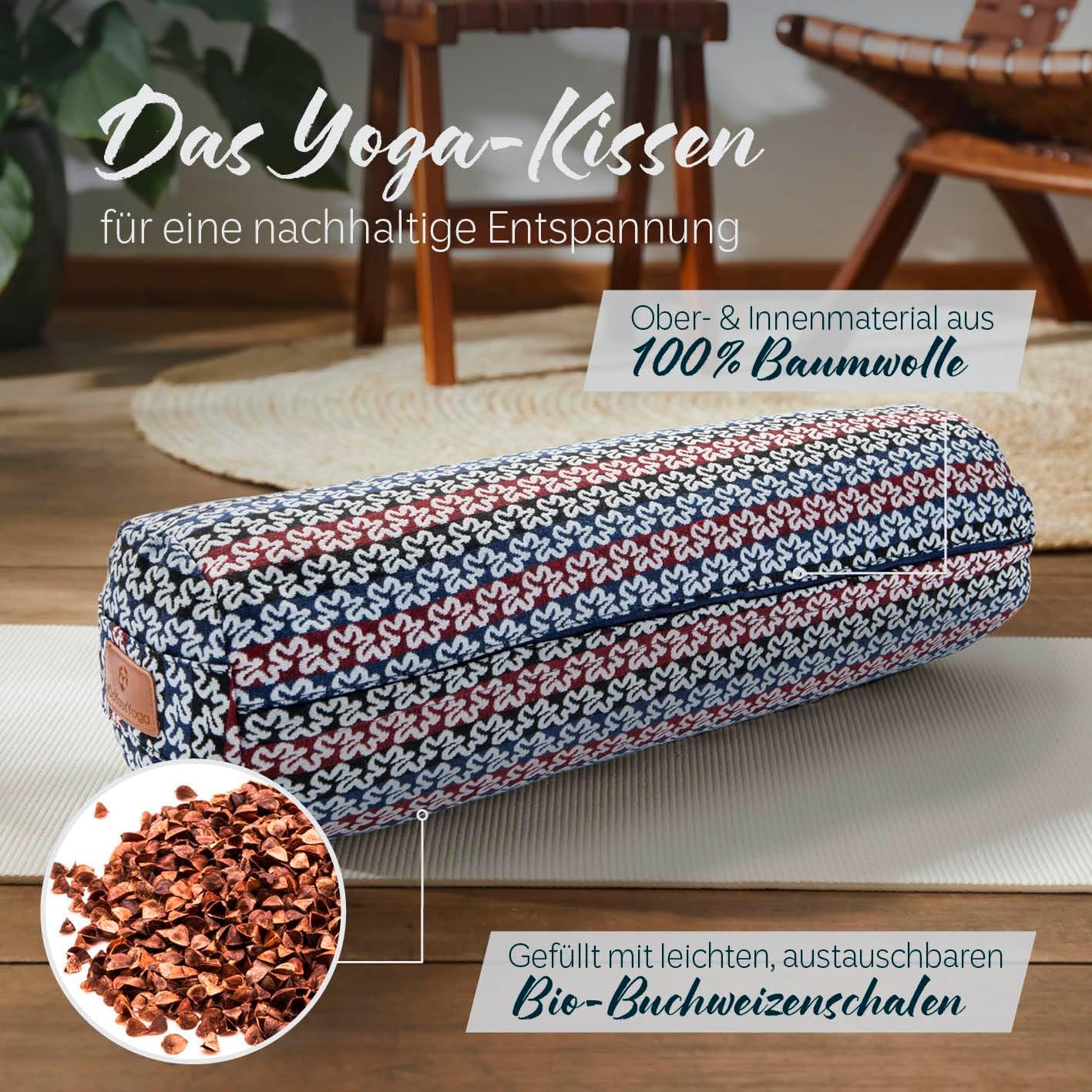 Rundes Yoga Bolster „Krishna“ mit Bio-Dinkelspelz / Länge ca. 68 cm und Durchmesser ca. 22 cm - Yogakissen / Dinkelspelzfüllung / maschinenwaschbar und hautfreundlich / Sitzkissen / Meditation – Bild 2