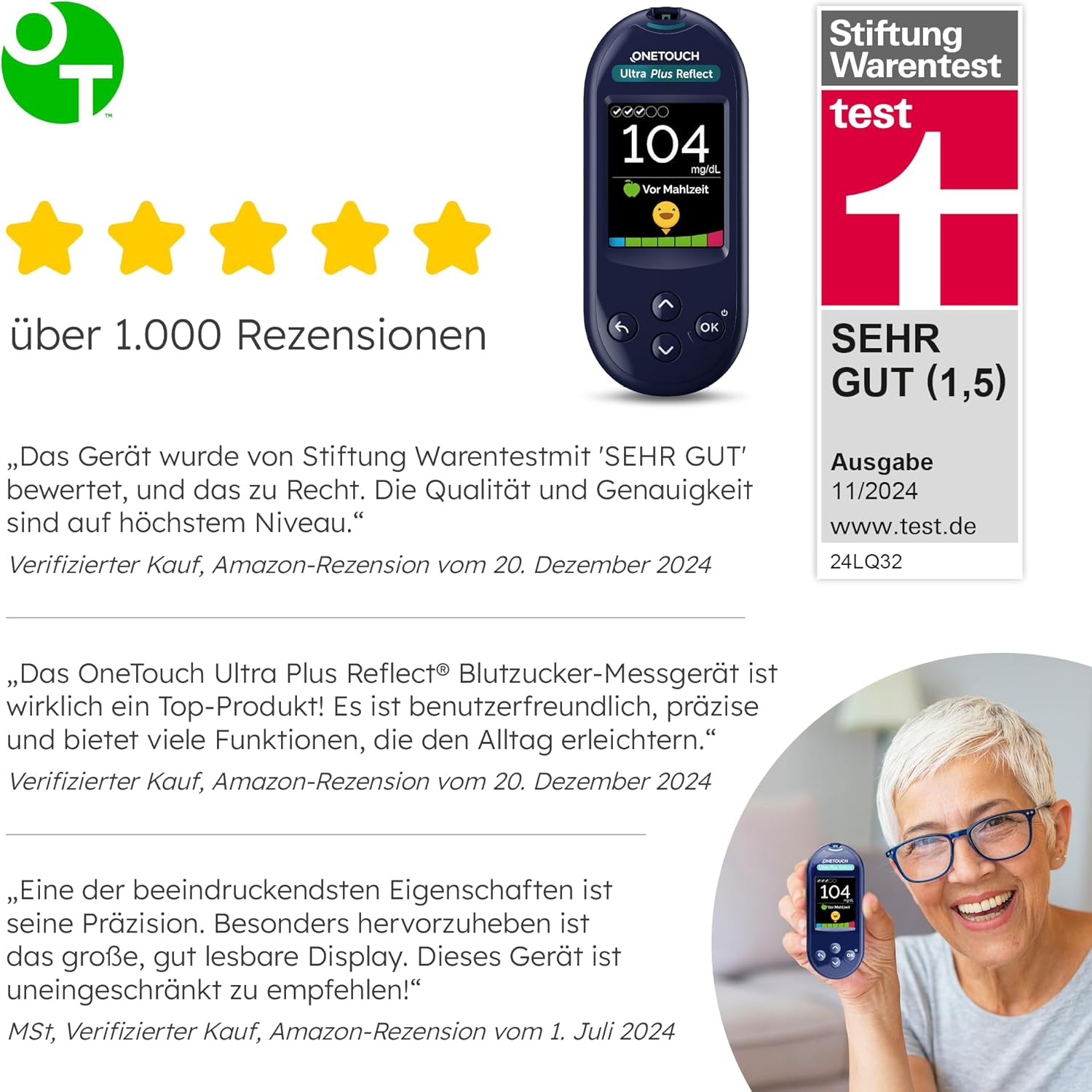 OneTouch Ultra Plus Reflect Blutzuckermessgerät-Set – Starter-Set Diabetes mg/dL – inklusive 40 Teststreifen & 40 Lanzetten – präzise Messung, einfache Handhabung – Stiftung Warentest SEHR GUT (1,5) – Bild 3
