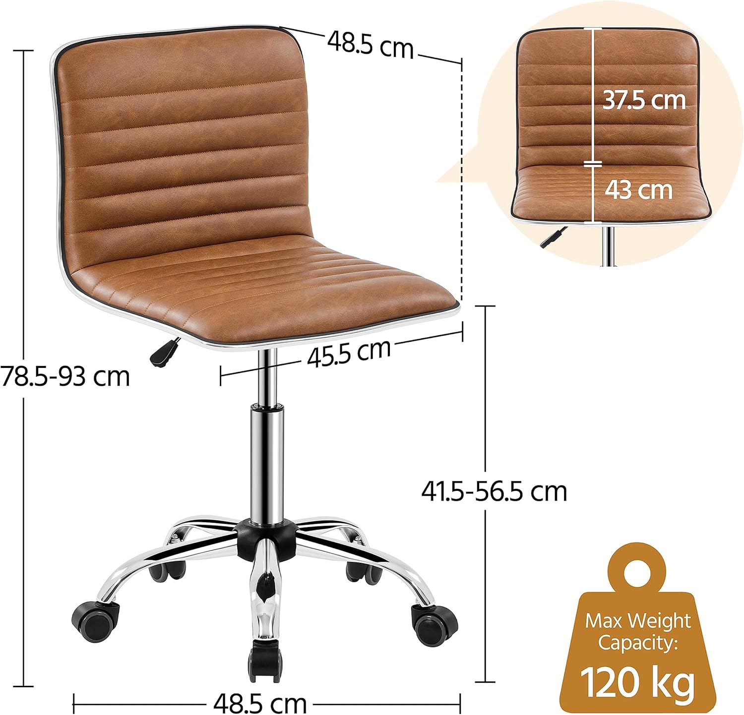 Yaheetech Bürodrehstuhl, ergonomischer Schreibtischstuhl, Drehstuhl mit Rollen, ohne Armlehne, 360° frei drehbar, höhenverstellbar, Kunstleder, Retro-Braun – Bild 3