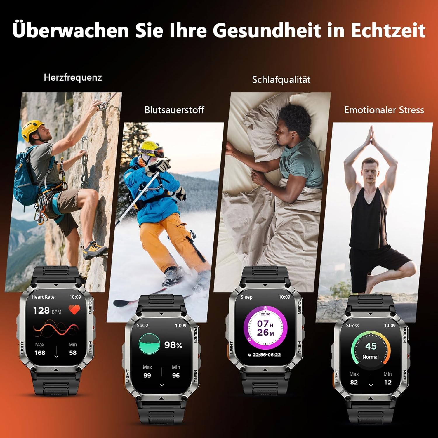 Blackview 900 mAh Herren-Smartwatch, Bluetooth-Anrufe/Kompass/LED-Beleuchtung/2 Armbänder (Silikon/Nylon), Sportuhr mit Puls-Schlaf-Schritten-Kalorien-Kilometer-Monitor, Fitness-Uhr für Android iOS – Bild 6