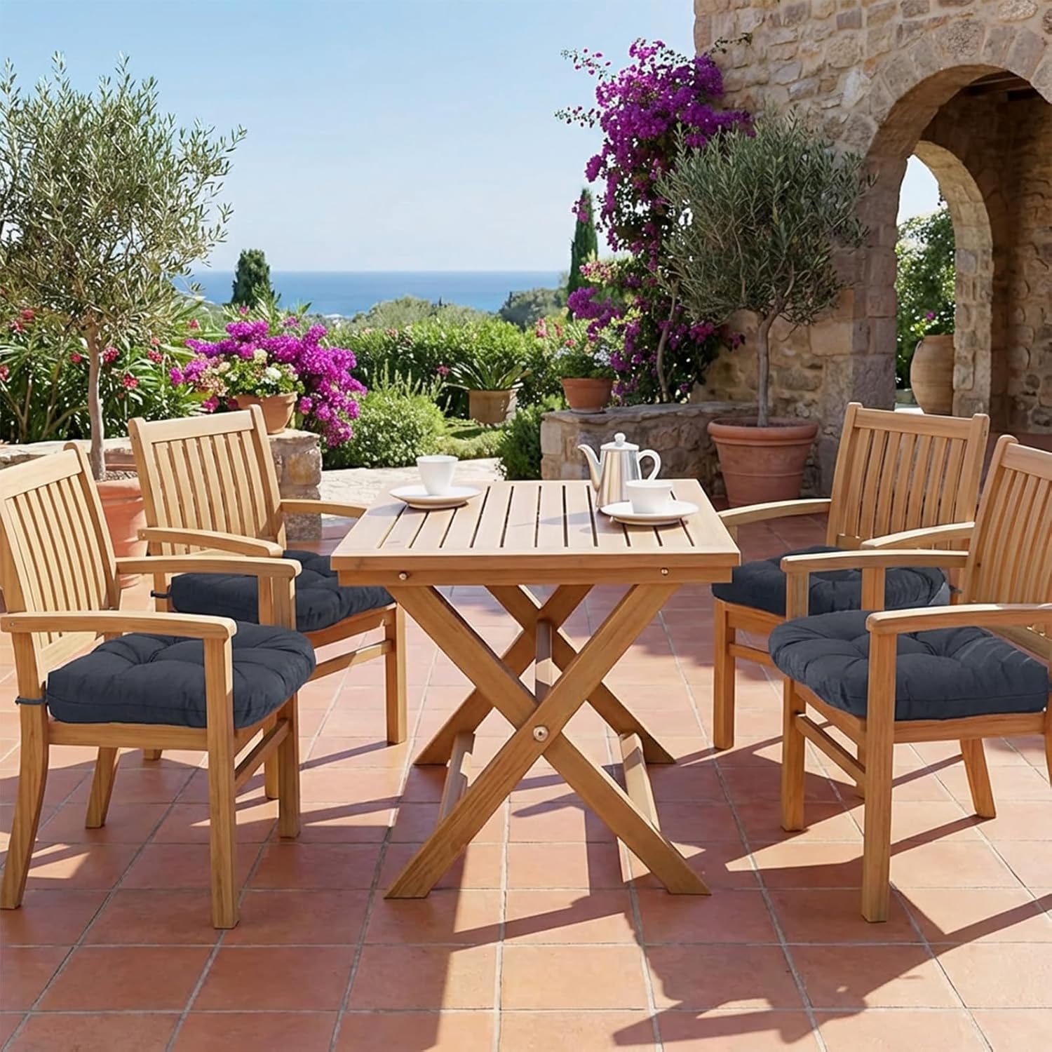 Outdoor-Stuhlauflagen für Balkon, Sitzkissen, halbrund, 48 x 48 cm, wasserdicht, Niederlehner, 2er-Set, modern, dick, mit Bändern für Büro, Gartenstühle und Rattanstuhl (dunkel). – Bild 7