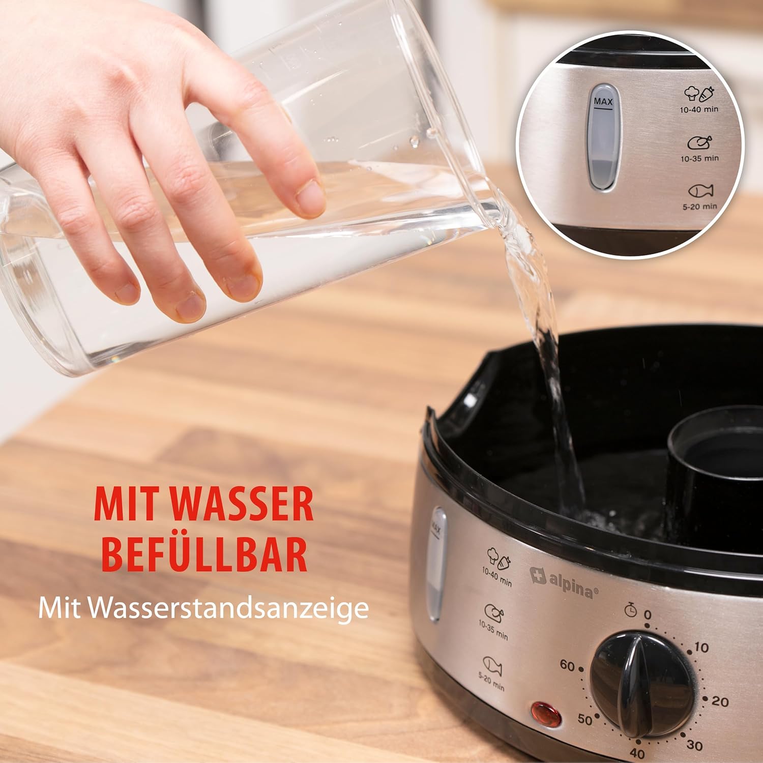 alpina Dampfgarer – Dampfmaschine 230 V/800 W – 3-lagiger Topf – BPA-frei – Dampftopf spülmaschinenfest – in 0 bis 60 Minuten einsatzbereit – 9 Liter Fassungsvermögen – Kunststoff/RVS – Grau – Bild 6