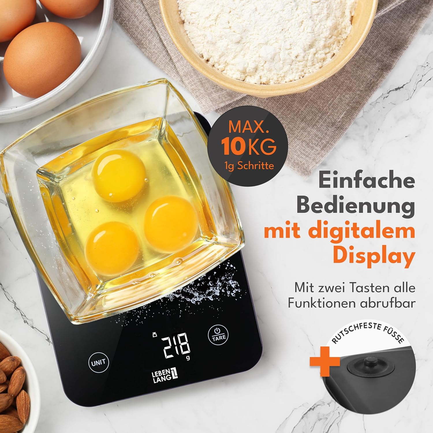 LEBENLANG Digitale Küchenwaage wasserdicht – USB wiederaufladbar & inklusive Ladekabel I bis 10 kg I Waage Küchenwaage für Lebensmittel & Küchenwaage I elektronische Kuchenwaage Digitalwaage Küchenzubehör – Bild 4