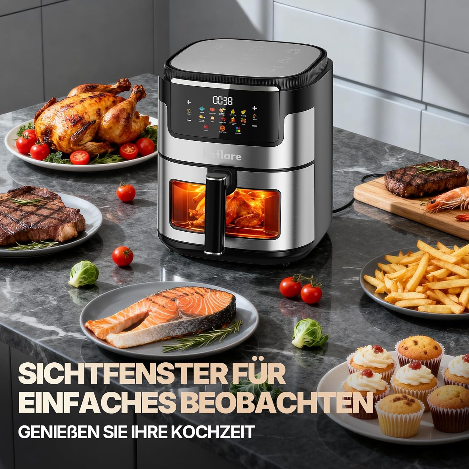 Air Fryer Oven Heißluftfritteuse 10L groß, Airfryer 2100W für Familie, mit Touchscreen & 10 Automatikprogrammen, max 200°C, Edelstahlgehäuse – Bild 4