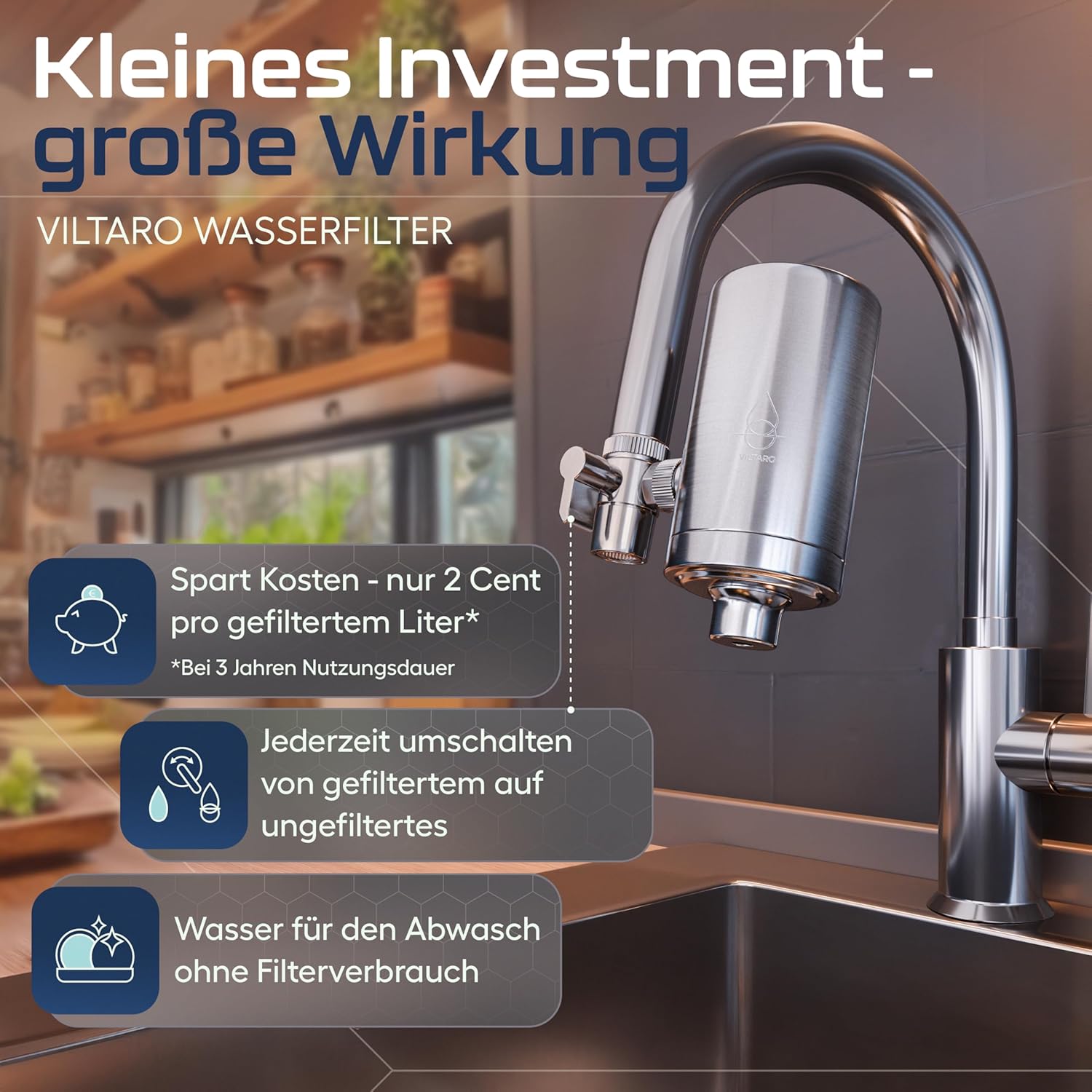VILTARO® Wasserfilterkartusche mit Kalkschutz, Filterkartusche für Wasserfilter, Leitungswasserfiltersystem mit Aktivkohlefilter aus nachhaltigen Kokosnussschalen – Bild 2