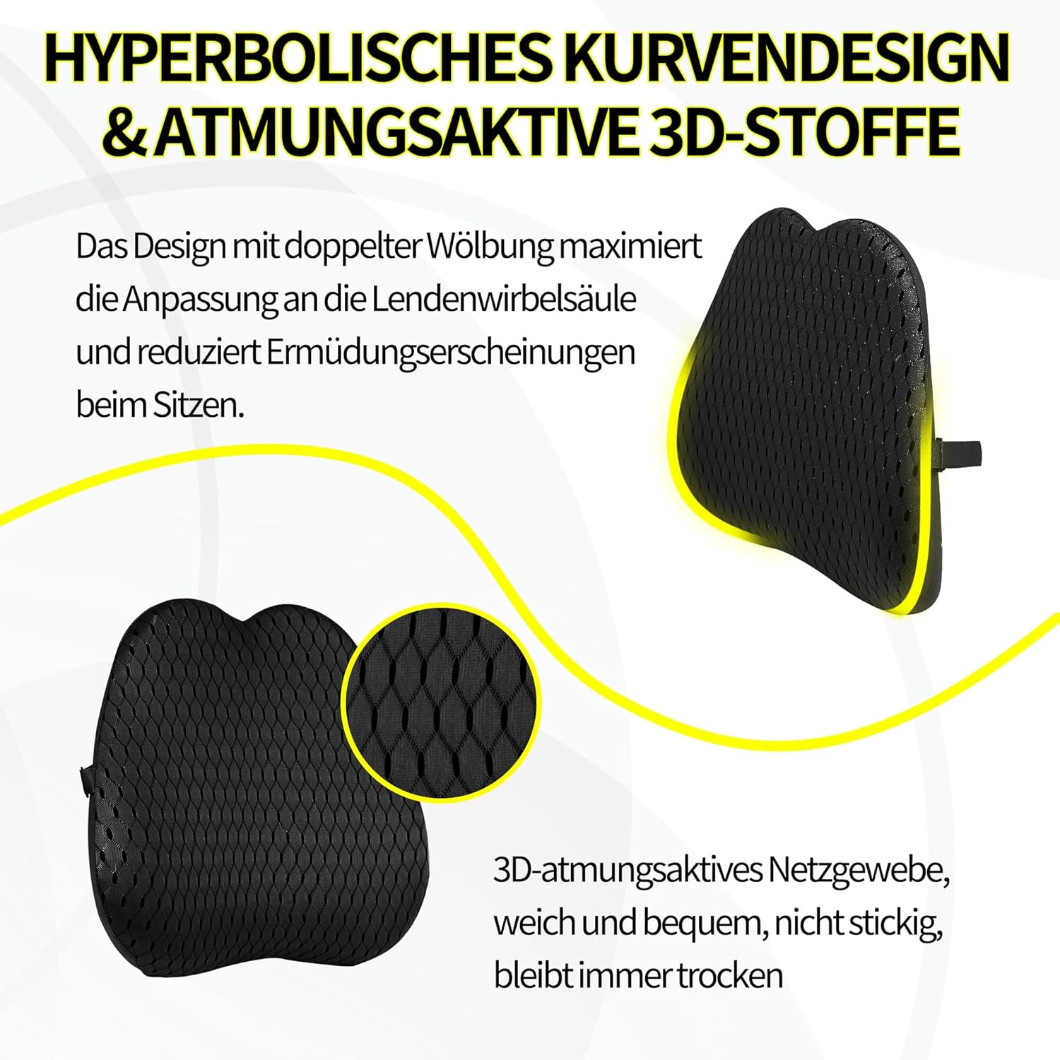 Lendenkissen, Lendenkissen, Memory-Schaum, ergonomisches 3D-atmungsaktives Netz, verstellbare Träger und abnehmbarer Bezug für Bürostuhl/Autositz, universell (schwarz) – Bild 2