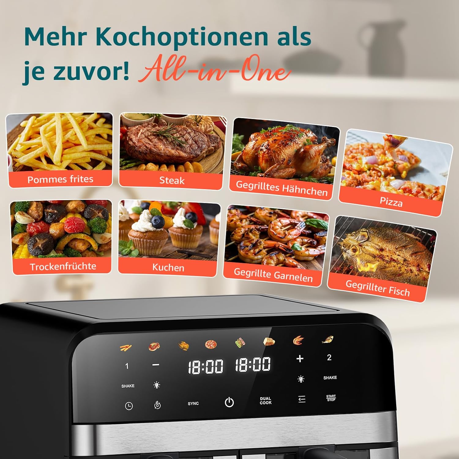 Heißluftfritteuse mit Sichtfenster, 9 Liter, Heißluftfritteuse mit 2 Körben, 8-in-1 digitale Heißluftfritteuse, Smart Fryer, ölfrei, mit Touchscreen | Spülmaschinenfest | 1800 W – Bild 3