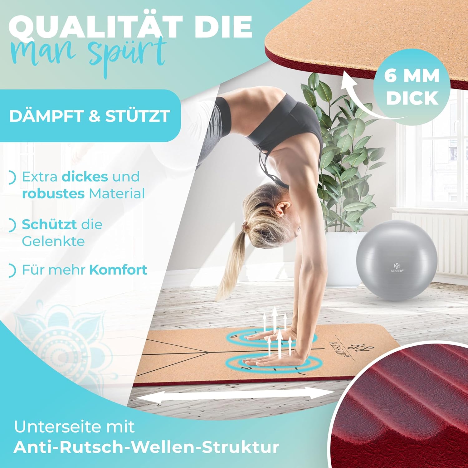 KESSER® Yogamatte aus Kork mit Tragegurttasche & Yogablock, Gymnastikmatte, Yogamatte, rutschfest, Naturkautschuk, TPE-Fitnessmatte, 183 x 62 cm, Trainingsmatte für Fitness, Sportmatte, Gymnastik, extra dick – Bild 3