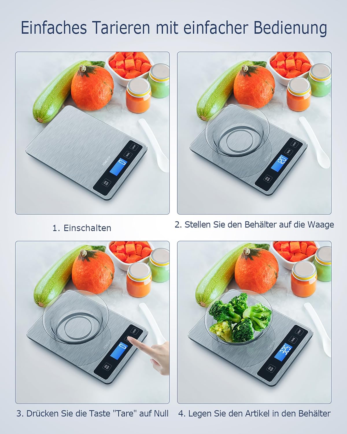 Küchenwaage digital 15 kg, Küchenwaage digital wasserdicht mit LCD-Display, multifunktionale Lebensmittelwaage, hohe Präzision bis 1 g, Tara-Funktion, Touch-Taste, großes Edelstahl-Panel – Bild 4