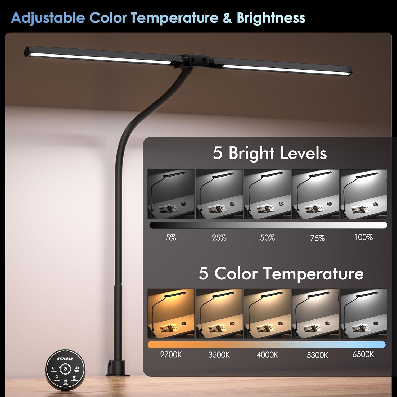 EYOCEAN Schreibtischlampe, Doppelkopf-Schreibtischlampe, klemmbar, 24 W 80 cm, Tageslichtlampe Schreibtisch mit Fernbedienung, dimmbare Monitorlampe, Büro-Tischlampe, Augenschutz-Bildschirmlampe – Bild 5