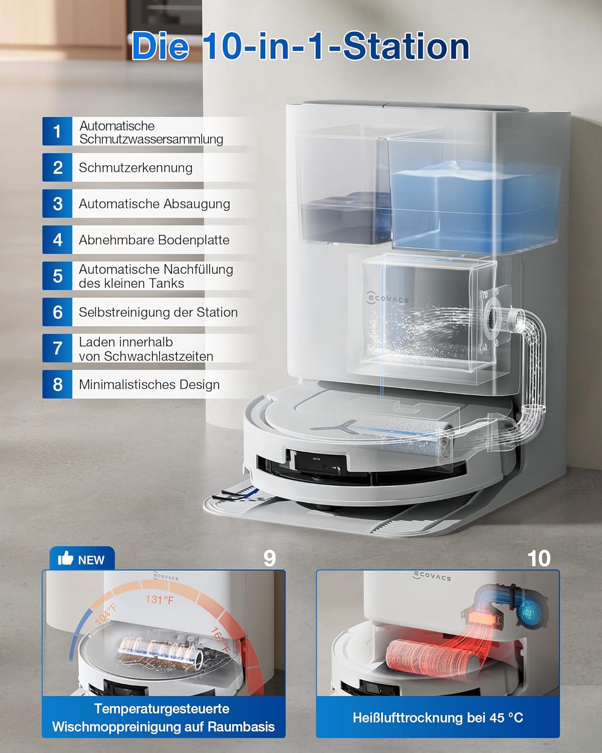 ECOVACS Deebot T80 Omni Roboterstaubsauger mit Wischfunktion, 18.000 Pa, OZMO Roller Wischwalze mit kontinuierlicher Frischwasser-Selbstreinigung, ZeroTangle 3.0, Wischwäsche mit 40–75 °C heißem Wasser, Weiß – Bild 5