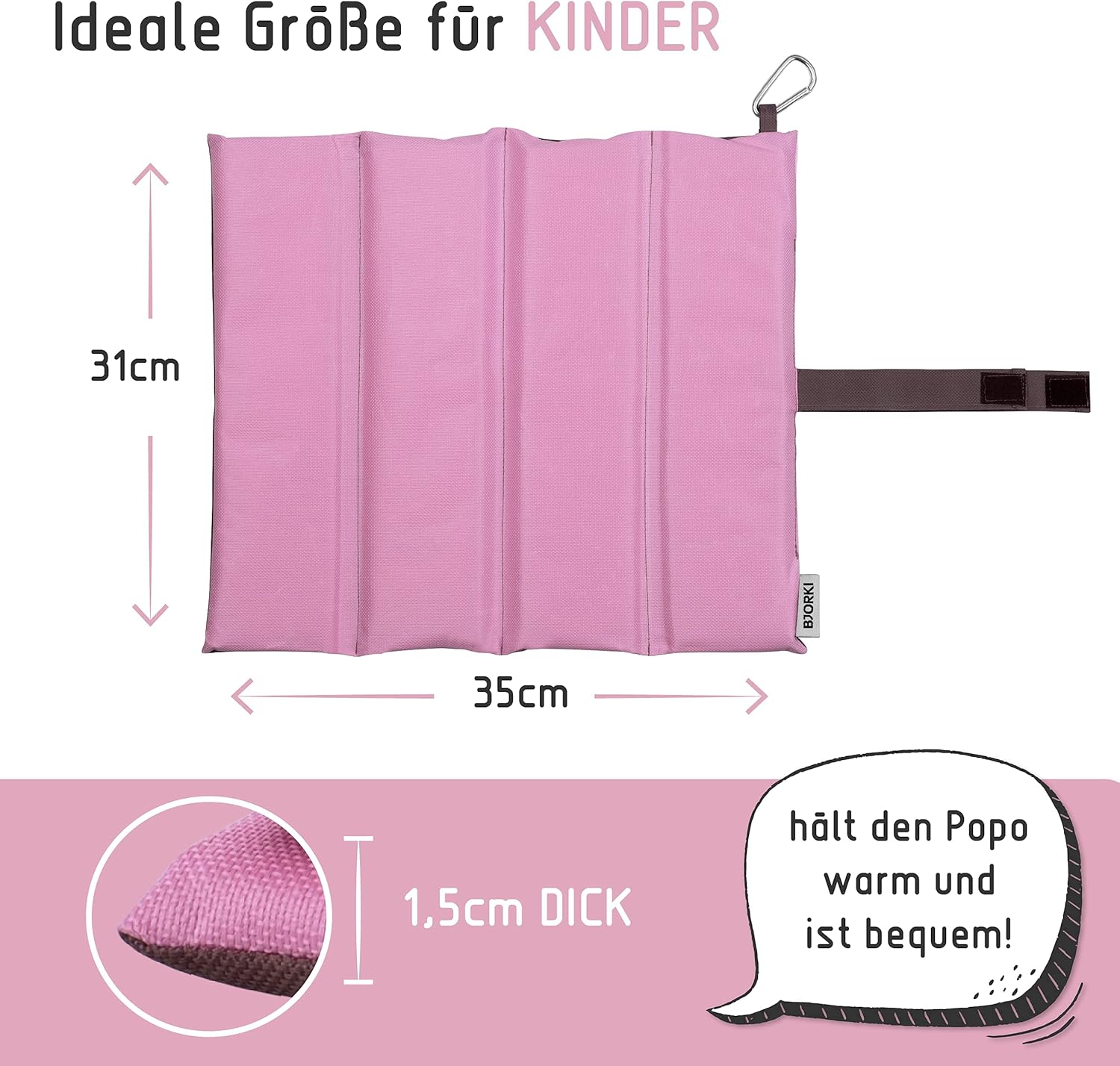 BJORKI® Kinder-Sitzkissen, faltbares Outdoor-Sitzkissen mit optimalem Kälte- und Nässeschutz, robuste Outdoor-Sitzauflage, das Thermo-Sitzkissen für Wandern, Stadion und unterwegs – Bild 4