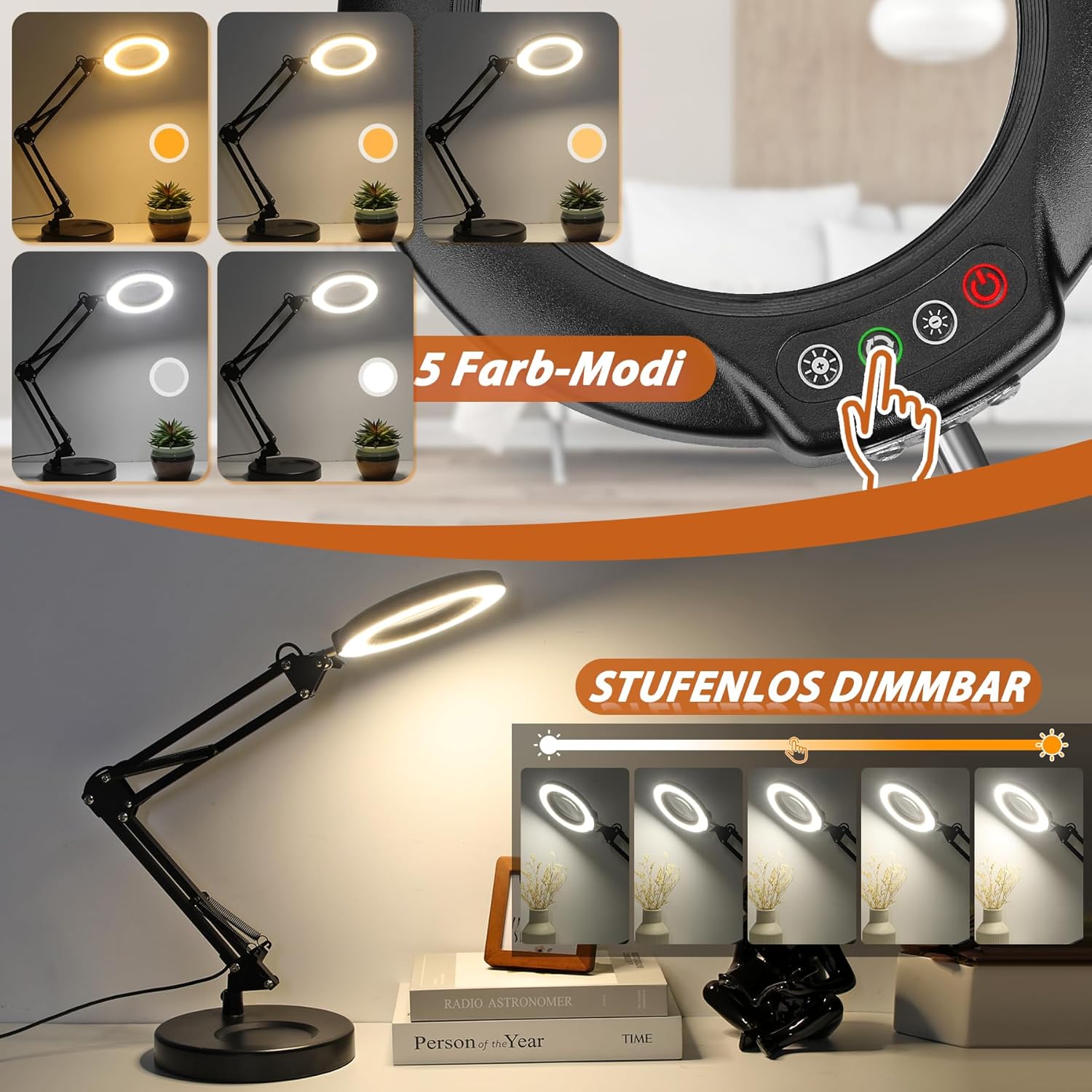 Veemagni 10-fache Lupe mit Licht, 5 Farbmodi, stufenlos dimmbar, 2-in-1-Schreibtischlampe und Klemme, LED-beleuchtete Lupe mit Licht und Ständer, freihändig für Handwerk, Hobby, Malen, Abschlussarbeiten – Bild 3