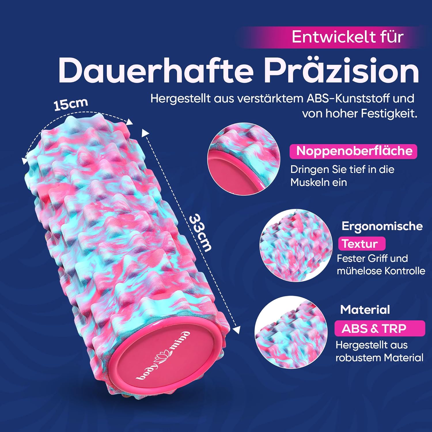 Body & Mind® Faszienrolle, Massagerolle, Fitnessrolle, Sportrolle, Therapierolle, Faszientraining für Oberkörper, Nacken, Rücken, Beine, Waden und alle anderen Muskelgruppen, 33 x 14,5 cm – Bild 6