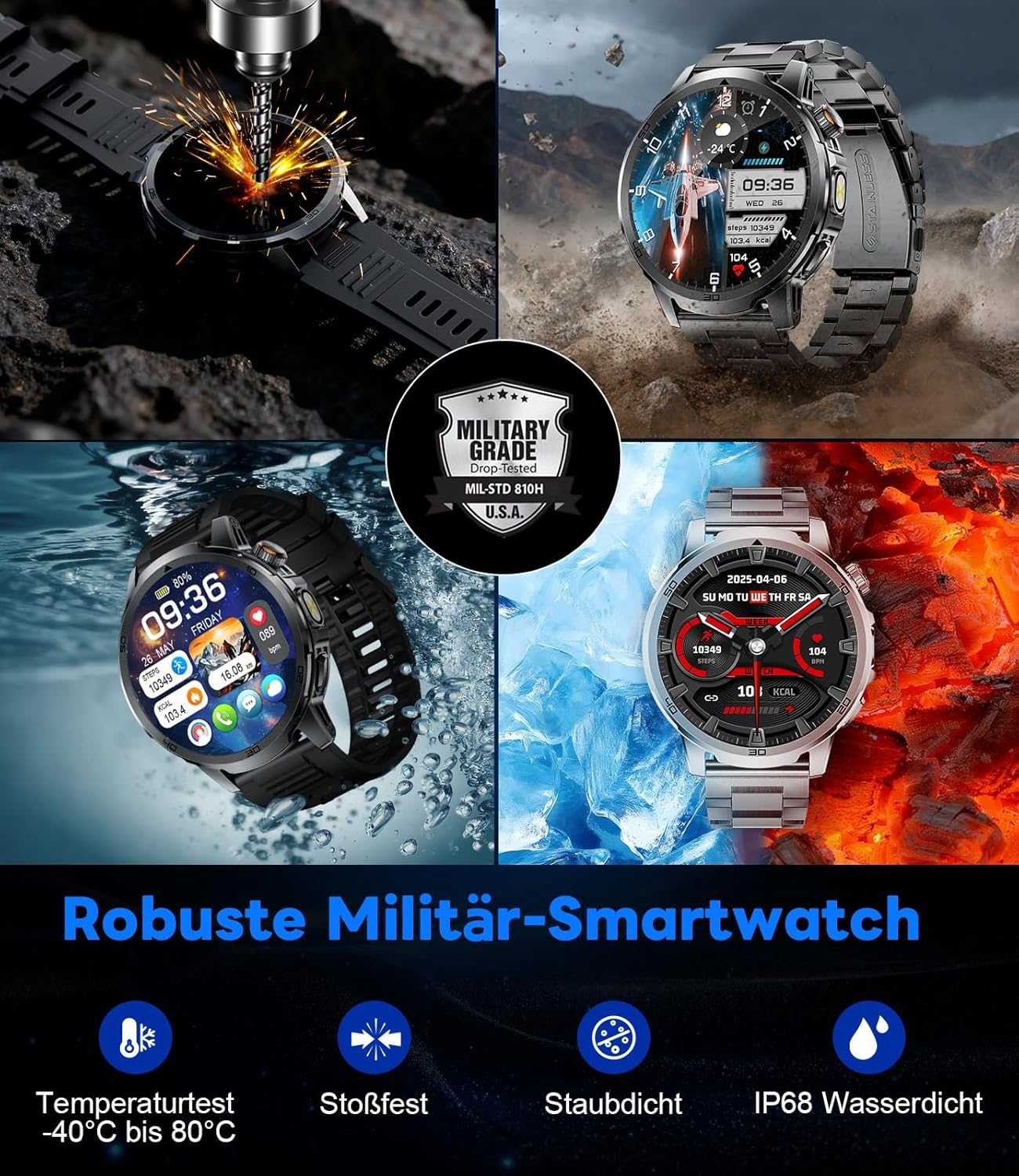 FEELNEVER Militär-Smartwatch für Herren mit 1000 mAh/1,85 Zoll HD großem Touchscreen/LED-Licht, Fitnessuhr mit 2 Armbändern, 110+ Sportmodi, Herz-/Schlaf-Tracking, IP68 wasserdicht, Uhr für iOS/Android, Schwarz – Bild 4