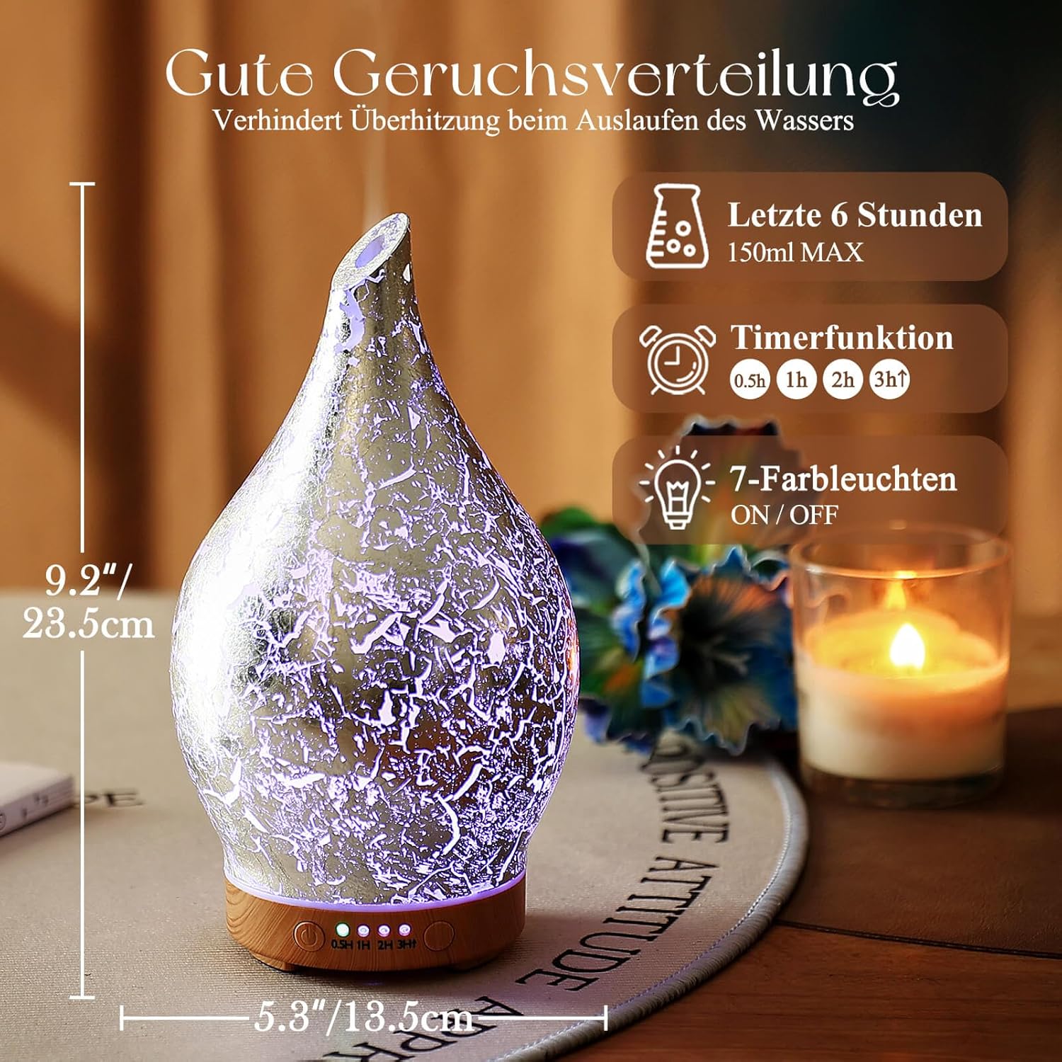 Porseme Aromadiffusor 150 ml, Luftbefeuchter aus mundgeblasenem Glas, Ultraschall-Aromatherapie-Öldiffusor mit 7 farbigen LED-Lichtern, Diffusor für ätherische Öle mit Timer, BPA-frei für Zuhause (versilbert) – Bild 4
