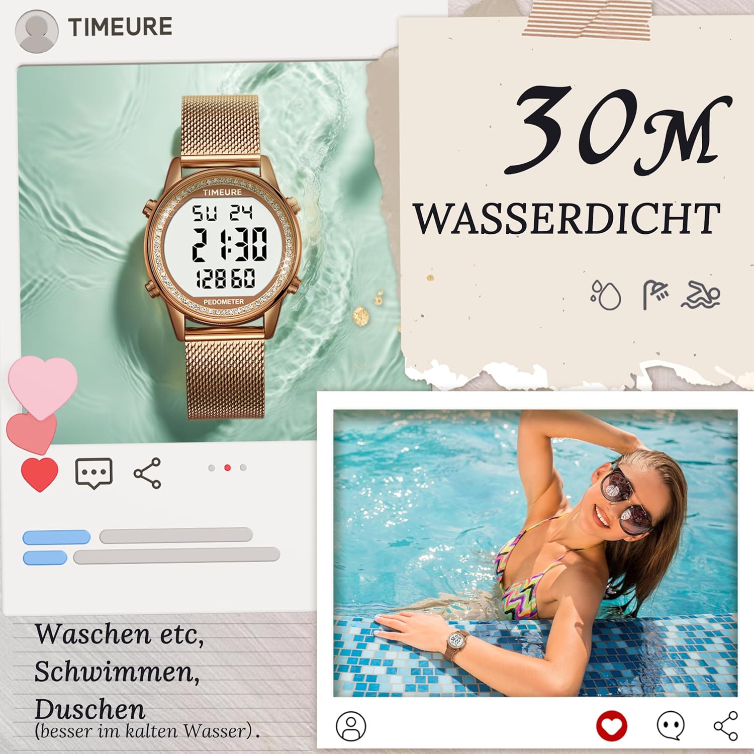 TIMEURE Damen Schrittzähler Uhr, Stilvolles Design, gut ablesbar, zeichnet Kalorien, Schritte, Kilometerstand, Countdown und Alarm auf, mit Hintergrundbeleuchtung, TU-2401 – Bild 3