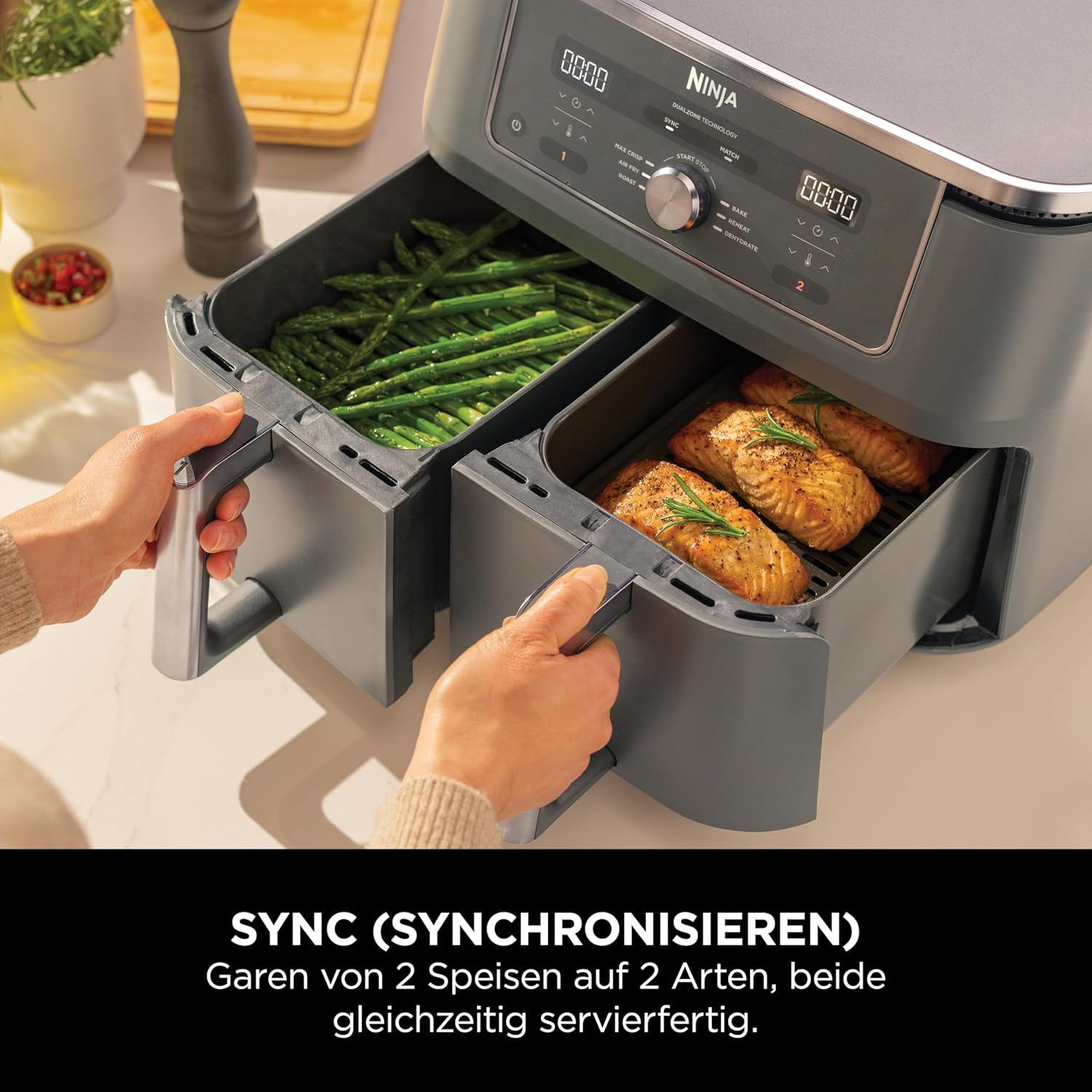 Digitale Dual-Zonen-Luftfritteuse von Ninja, 2 Schubladen, 6-in-1, Heißluftfritteuse, 9,5 l, Heißluftfritteuse, maximale Knusprigkeit, Braten, Backen, Aufwärmen, spülmaschinenfeste Körbe, Metallic-Grau DZ400EU – Bild 3