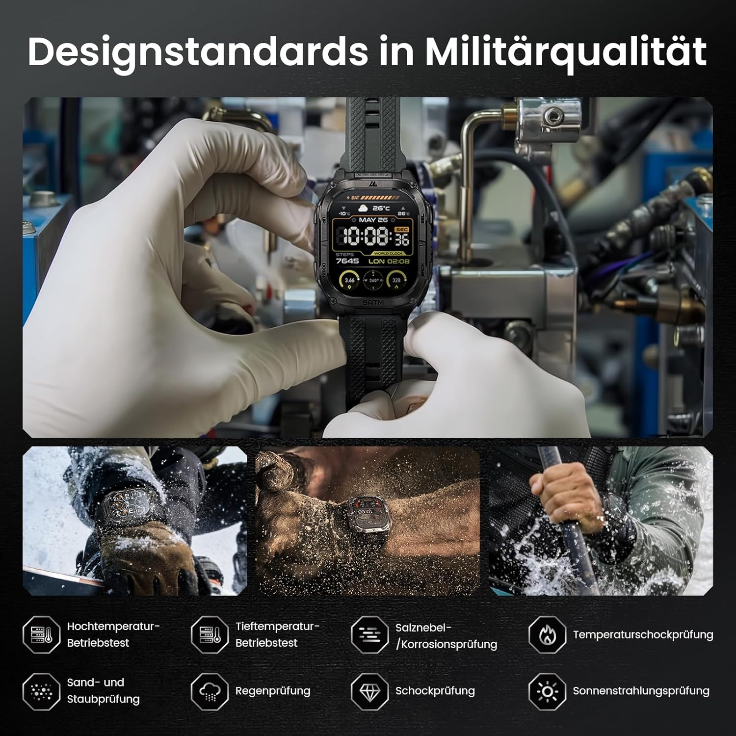 KOSPET Tank M4C Herren-Smartwatch mit LED, 1,96 Zoll AMOLED, Dualband-GPS & Kompass, ultralange Akkulaufzeit, 24/7 Herzfrequenz- & Schlaf-Tracking, 50 m wasserdicht, Bluetooth, Android & iOS (Schwarz) – Bild 2
