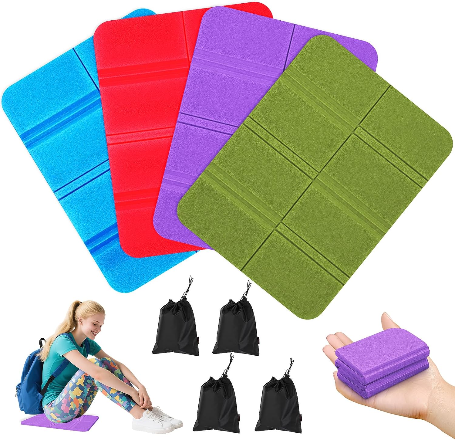 4 Stück Sitzkissen Outdoor Faltbar 4 Farben Sitzpolster Outdoor Wetterfest Thermositzkissen Faltbar mit 4 Aufbewahrungstaschen Sitzmatte Outdoor für Wandern Tribüne Picknick Camping