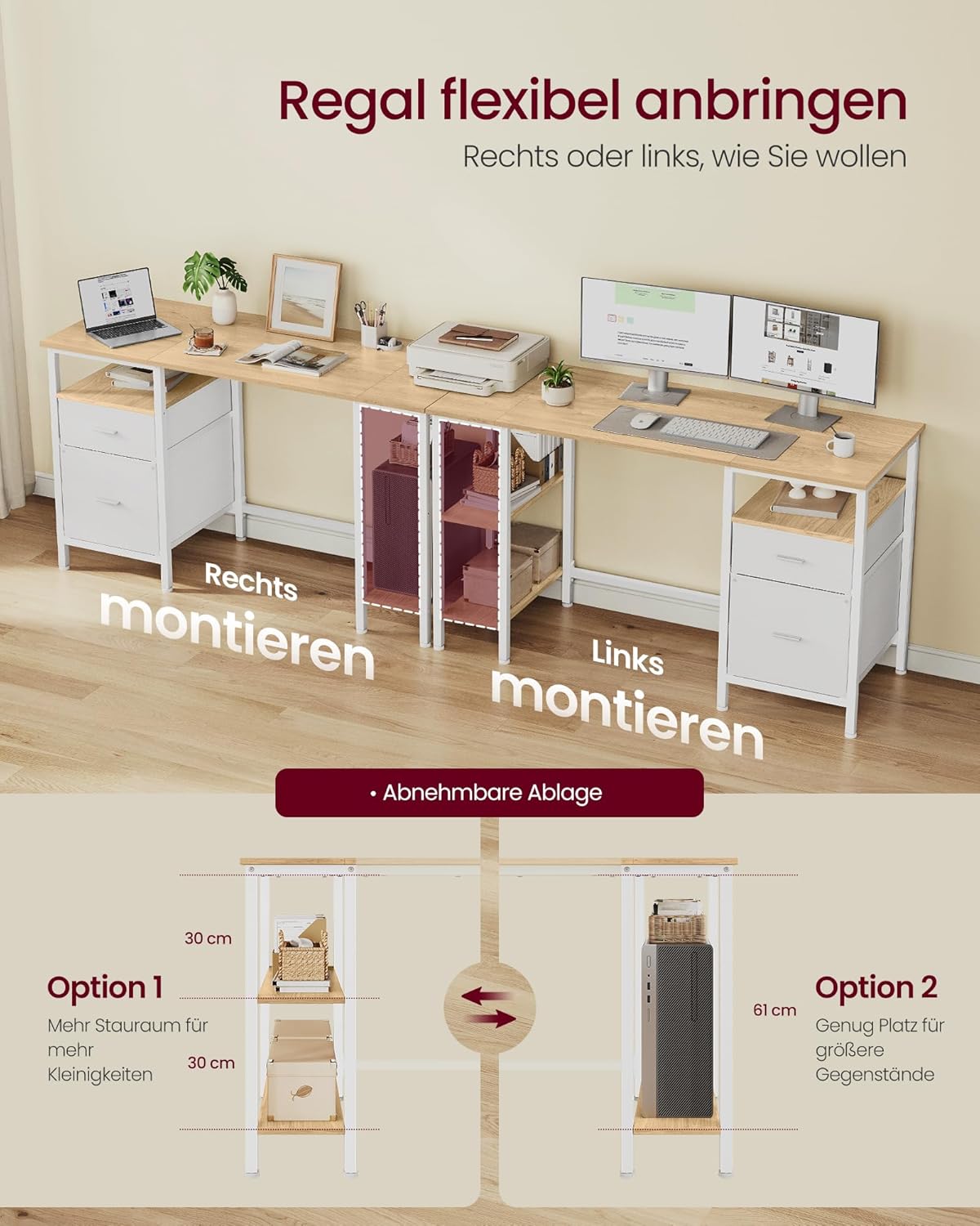 VASAGLE Computertisch, Bürotisch, Schreibtisch mit 3 Ablagen, 2 Schubladen, 127 x 50 x 76 cm, Büro, Wohnzimmer, moderner Stil, natürliche Eiche, mattweiß, LWD103YD01 – Bild 5