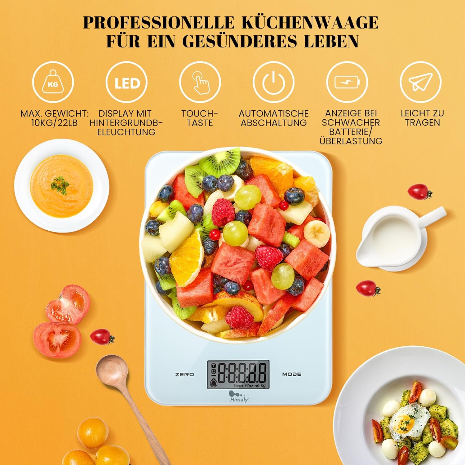 himaly Digitale Küchenwaage 10 kg, digitale Waage, Briefwaage mit Tara-Funktion, Sensor-Touch, großes LED-Display, automatische Abschaltung, elektronische Waage für Lebensmittel, Backen, Kochen – Bild 3