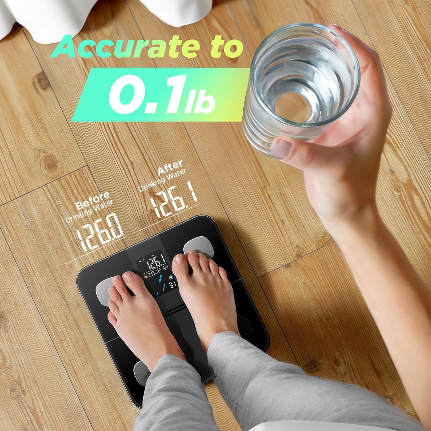 RunSTAR Körperfettwaage mit hoher Genauigkeit, digitale Personenwaage mit großem Display, Personen für 15 Körperzusammensetzungsmetriken, mit App-Synchronisierung, 180 kg/400 lb, Schwarz – Bild 5