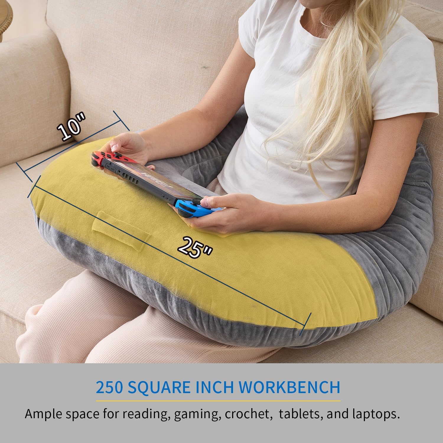 Stützkissen für die Schoßhaltung zum Lesen, Spielen und Häkeln, verlängertes herzförmiges Armstützkissen zum Sitzen auf Sofa oder Bett, waschbarer Bezug (weiches Grau) – Bild 3
