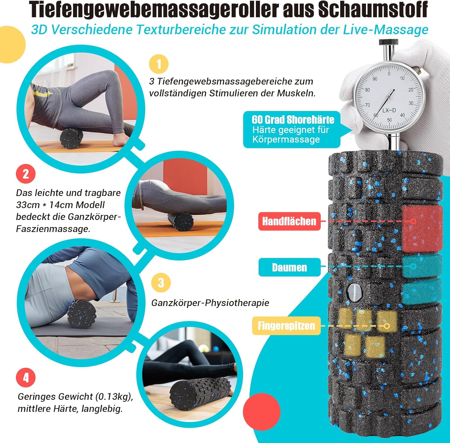 nooncrazy Faszienrolle mit 3D-Texturmassage, Schaumstoffrolle (33 cm x 14 cm) zur Lösung von Muskelverspannungen, mittlere Härte, Selbstmassage, Gesichtsrolle für Rücken, Wirbelsäule, Rücken, Beine (Schwarz/Blau) – Bild 2