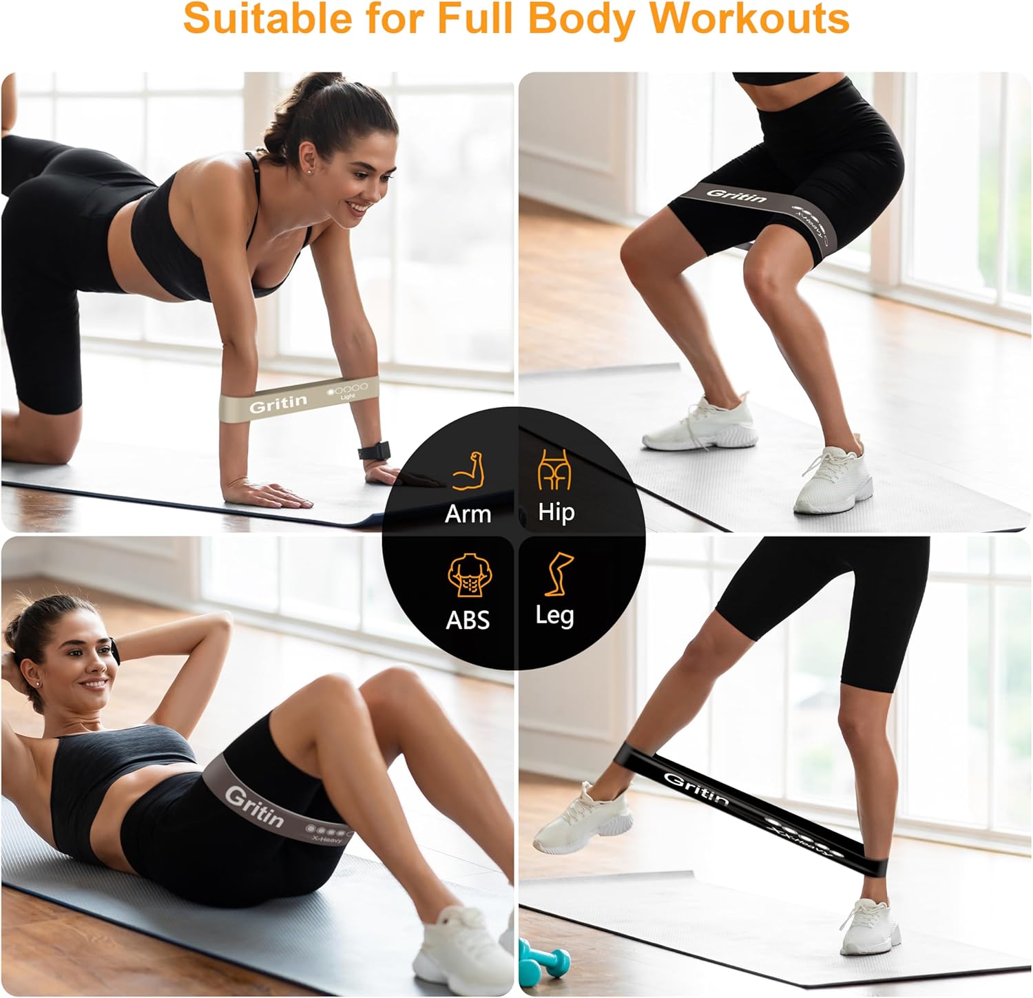 Gritin Fitnessbänder (5er Set) Widerstandsbänder mit 5 Stufen, 100% Latex Fitnessband Widerstand mit deutscher Übungsanleitung und Tragetasche, Gymnastikband für Muskelaufbau, Yoga – Bild 6