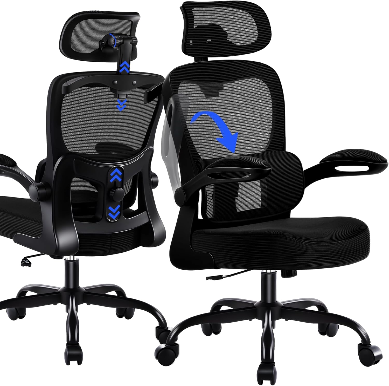 Ergonomischer Bürostuhl mit Kopfstütze, verstellbarer Lordosenstütze & Netzbezug, höhenverstellbarer Drehstuhl bis 150 kg, Computerstuhl ideal für Büro und Home Office, Schwarz
