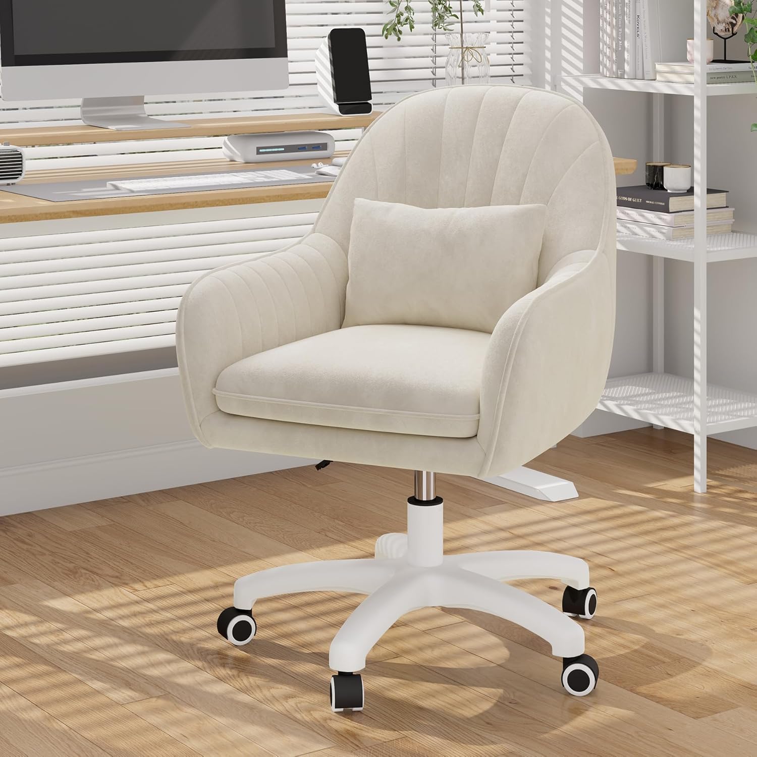 Home-Office-Stuhl, Samtstuhl mit Kissen, 360° drehbar, höhenverstellbarer Bürostuhl, ergonomisch, Schminkstuhl, Drehstuhl, für Arbeitszimmer, Schlafzimmer, maximale Belastung 120 kg, Beige – Bild 2