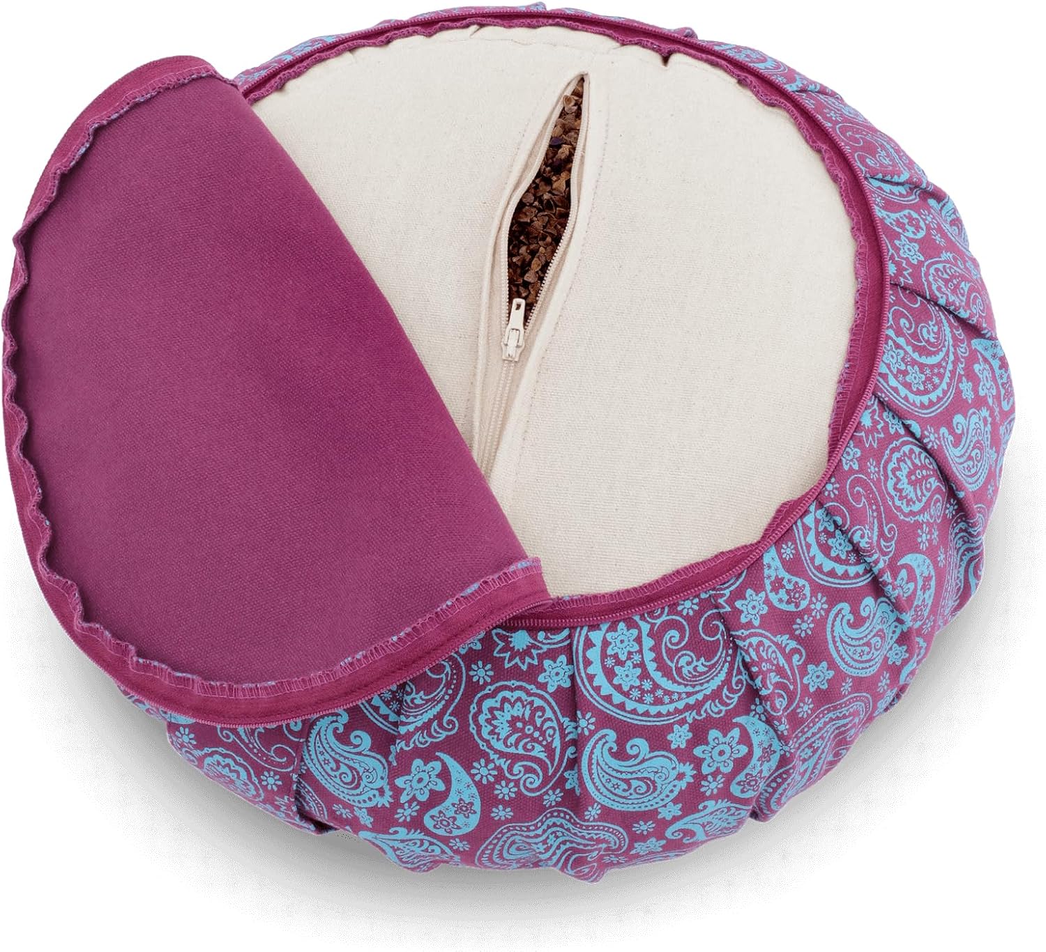 Meditationskissen rund – Paisley Zafu – 15 cm hoch – Buntes Yogakissen mit waschbarem Bezug aus 100 % Baumwolle – Bedrucktes Yoga-Sitzkissen mit Bio-Buchweizenschalenfüllung – Bild 4
