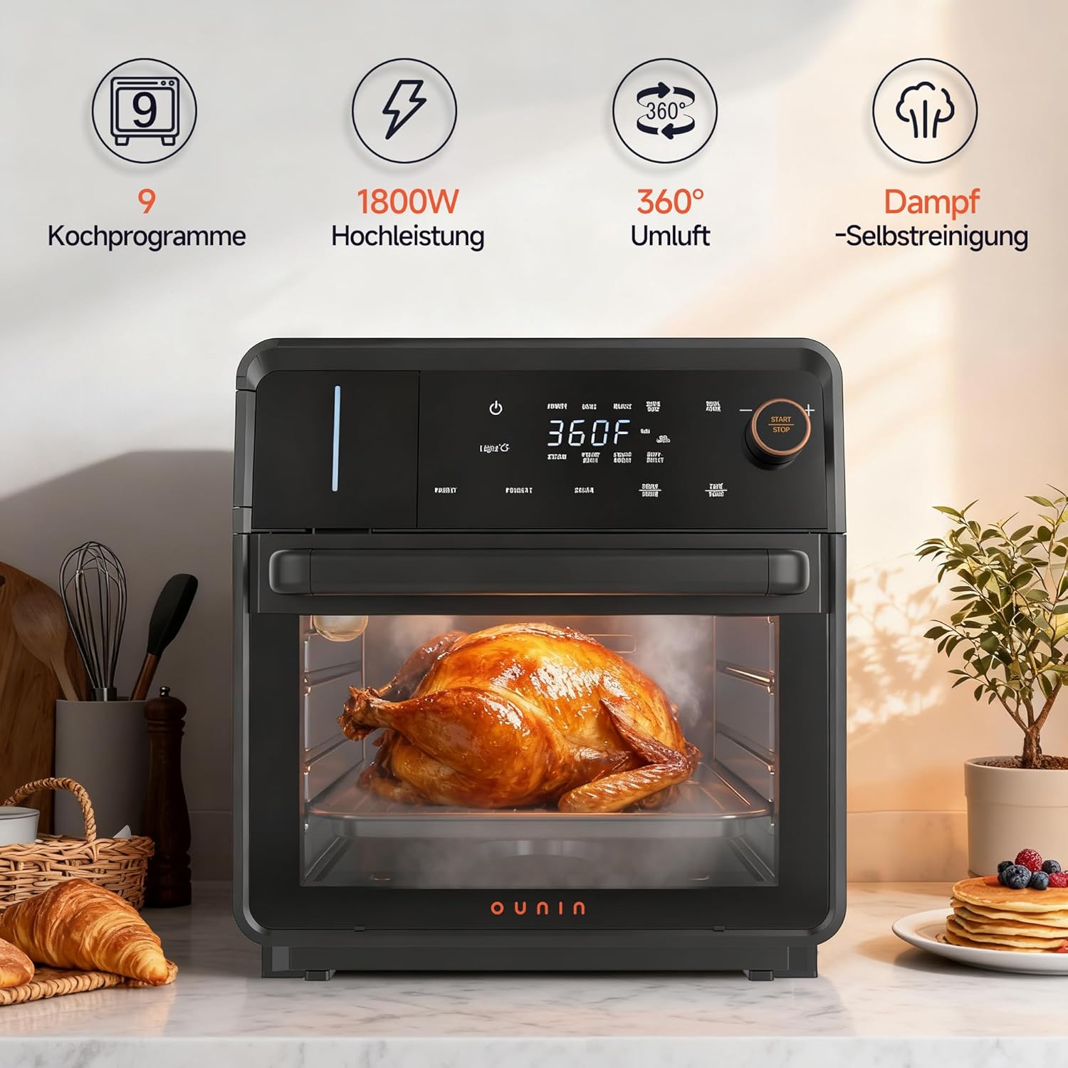 OUNIN Dampfbackofen 18 L, 11-in-1-Ofen mit Dampffunktion, Dual-Cook, Backen, Braten, Trocknen und Selbstreinigung, 360° gleichmäßige Wärmeverteilung, Edelstahl-Innenraum, platzsparend – Bild 5