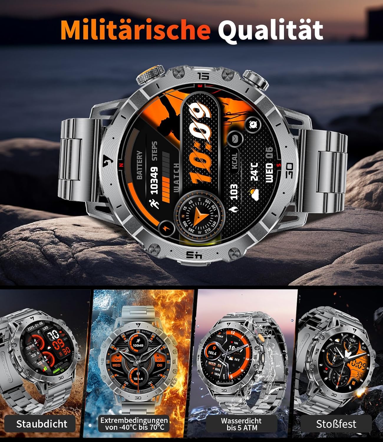 EF18-A Herren-Smartwatch mit 1000 mAh großem Akku, Taschenlampe, Bluetooth-Anruf, 1,7 Zoll Fitnessuhr mit 110+ Sportmodi, Herz- & Schlaf-Tracking, wasserdicht für iOS/Android, 3 Armbänder + 2 Ladegeräte – Bild 6