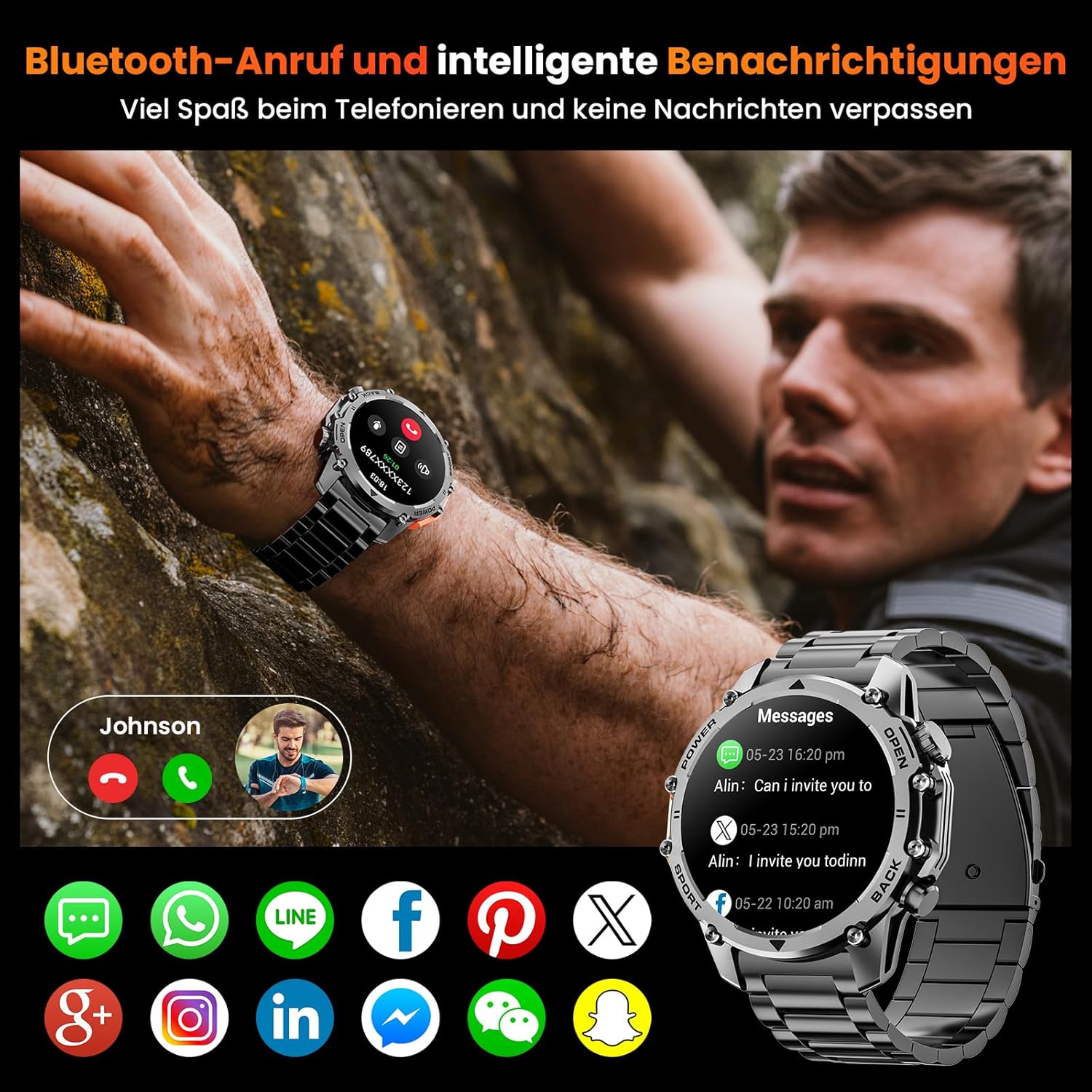 Herren Smartwatch 1,52 Zoll HD Smart Watch mit 500 mAh langer Akkulaufzeit, 114+ Sportmodi, Fitnessuhr im Militärstil mit Herzfrequenz/Schrittzähler/Schlafmonitor/Taschenlampe, Android iOS Herrenuhren – Bild 2