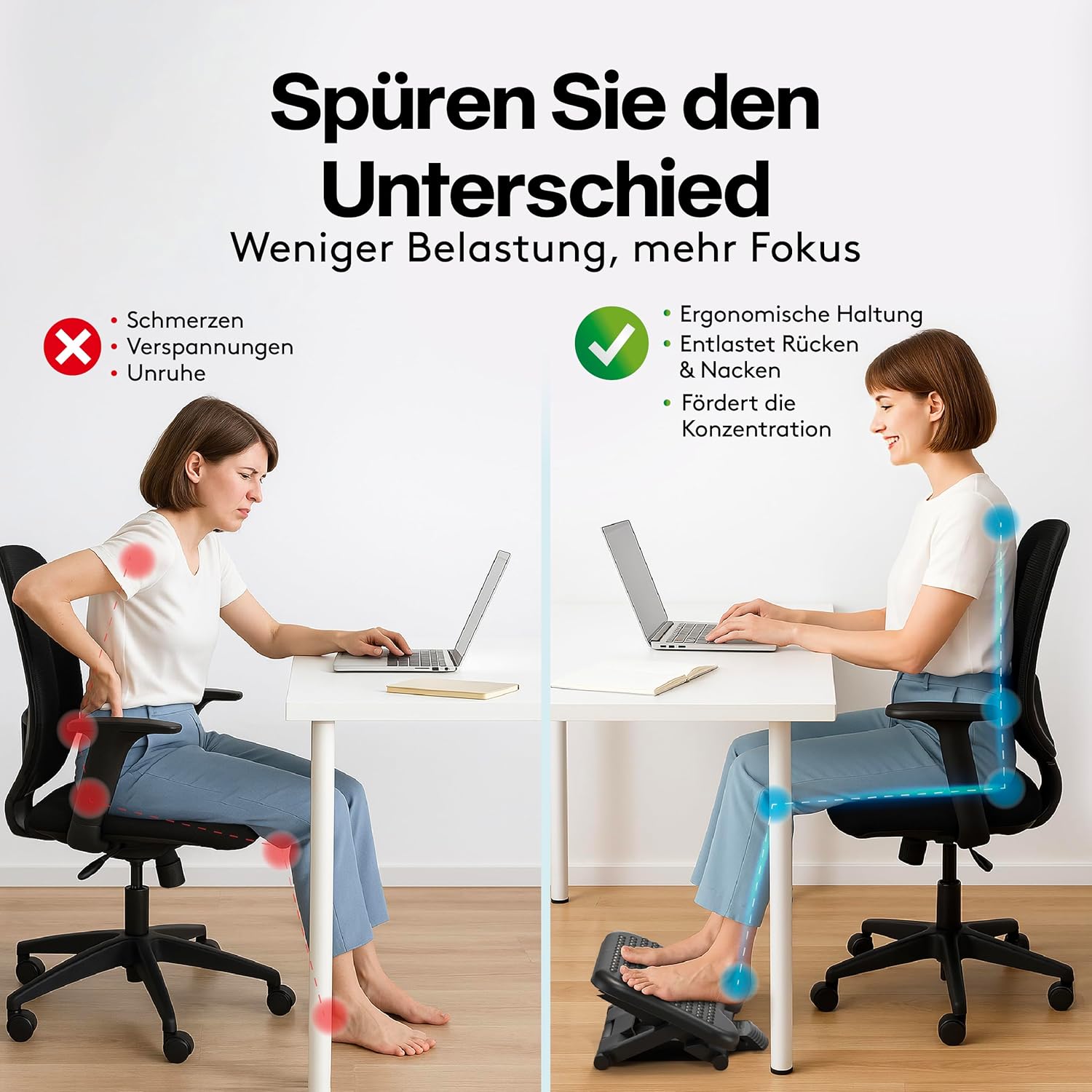 ACROPAQ Fußstützen-Schreibtisch – Fußstütze mit 3 verstellbaren Höhen, Massagefunktion, neigbar von -30° bis +30° für maximalen Komfort – Fußhocker, Stehmatten-Schreibtisch, Fußhocker – Bild 2