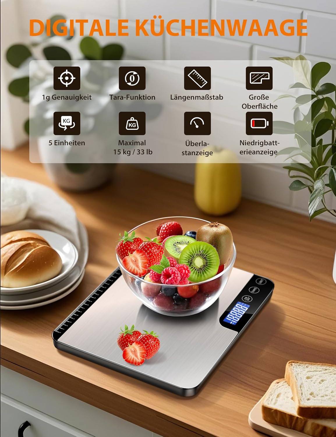 Digitale Küchenwaage mit LCD-Display und Tara-Funktion, präzise 1-g-Messung zum Backen und Kochen, helles Silber – Bild 7