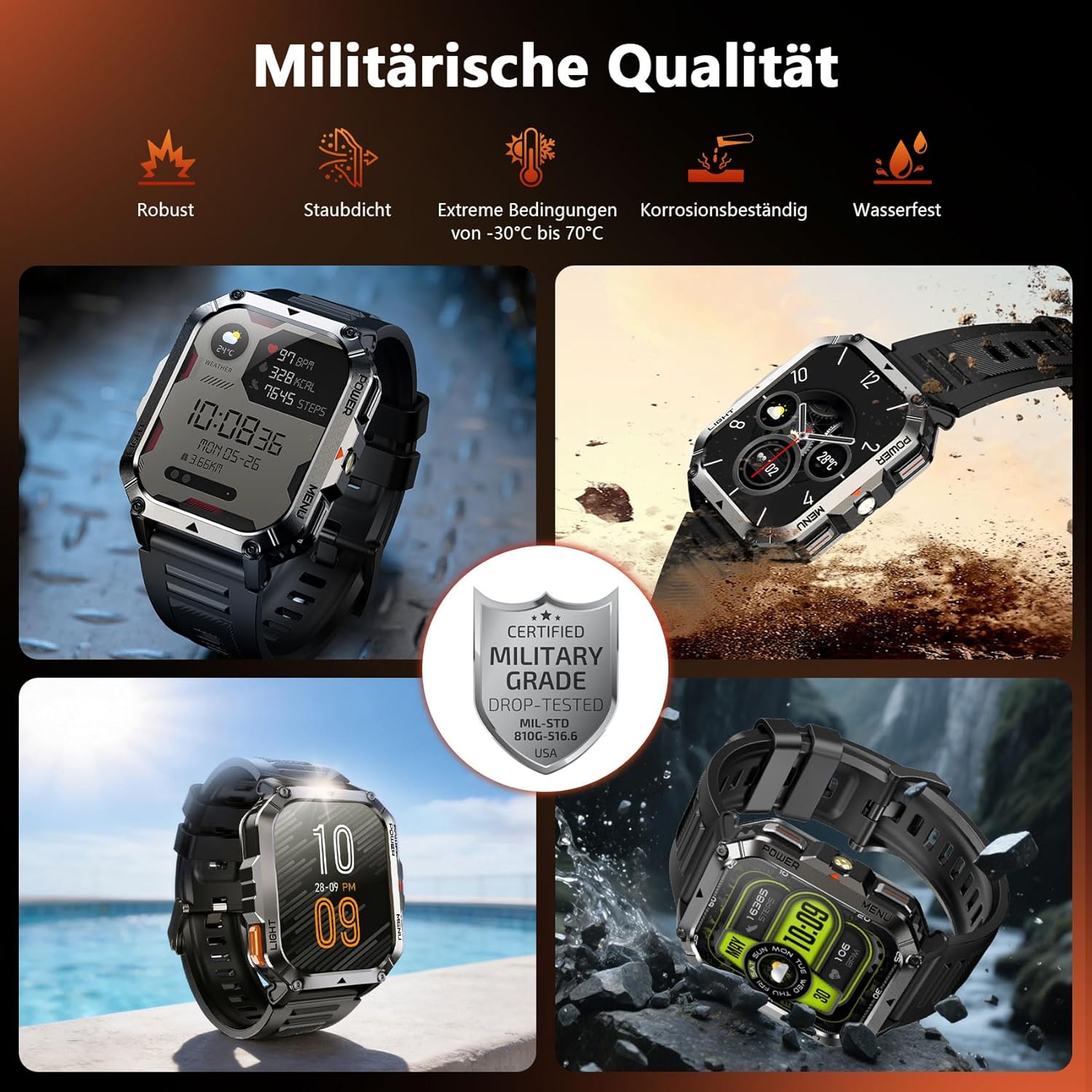 Blackview 900 mAh Herren-Smartwatch, Bluetooth-Anrufe/Kompass/LED-Beleuchtung/2 Armbänder (Silikon/Nylon), Sportuhr mit Puls-Schlaf-Schritten-Kalorien-Kilometer-Monitor, Fitness-Uhr für Android iOS – Bild 8