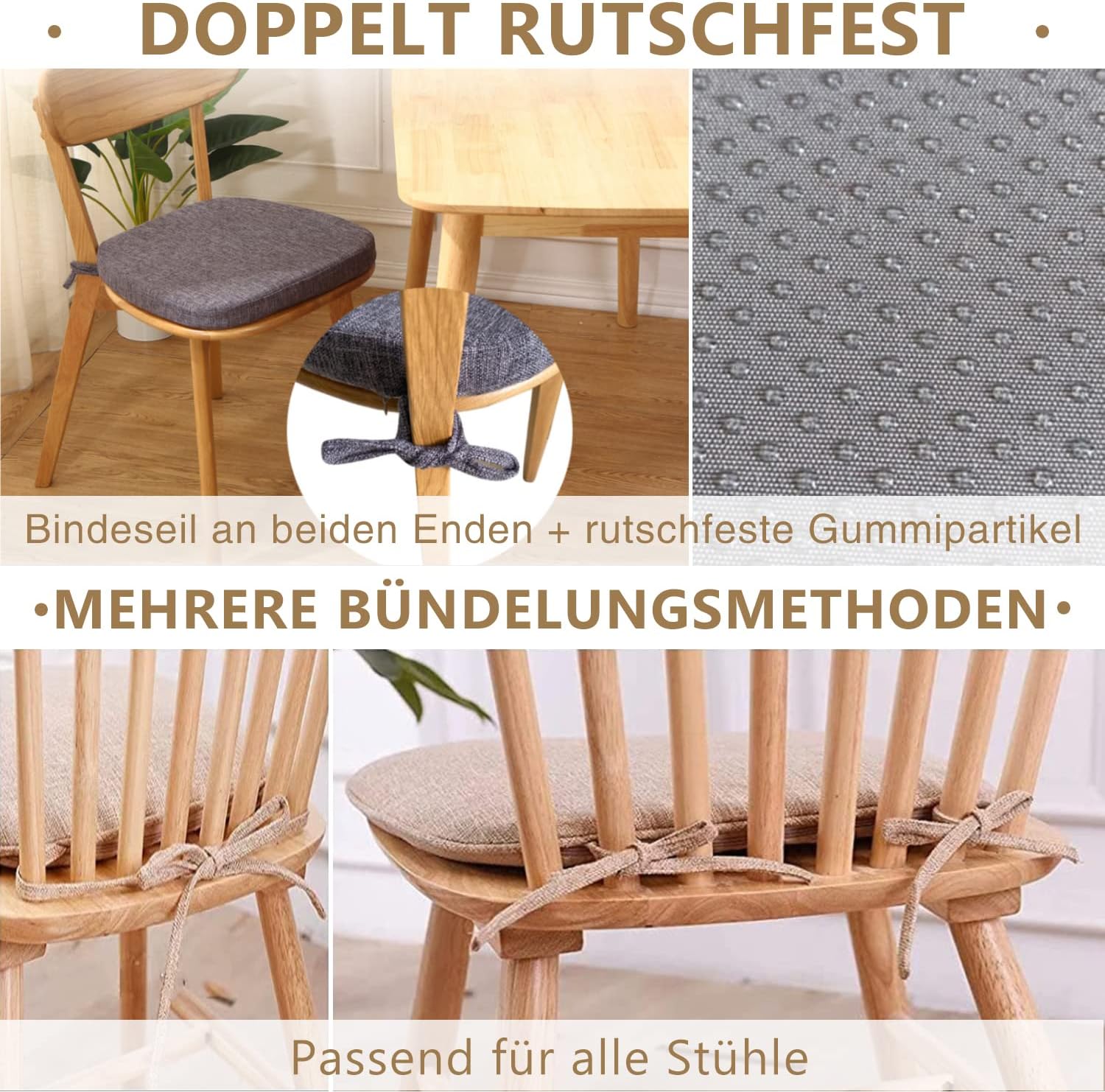 Kimgull 2er-Set Stuhlkissen mit Bändern, bequemes, waschbares, rutschfestes Sitzkissen, ideal für Haus- und Gartendekoration, viele Farben und Größen zur Auswahl (43 x 42 x 3 cm, Taupe) – Bild 5