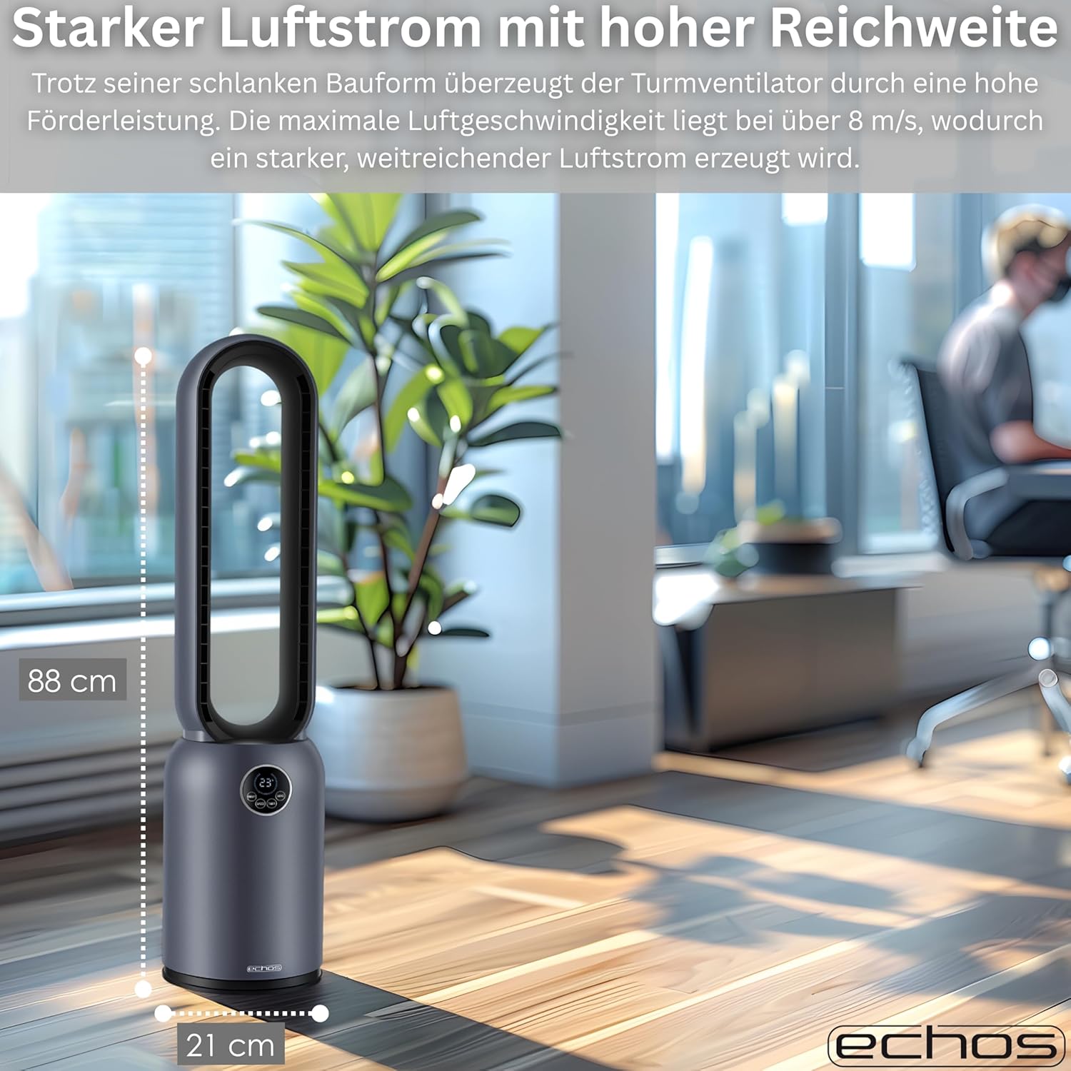Echos Turmventilator, sehr leiser Standventilator, energiesparender Standventilator mit Fernbedienung, Ventilator mit Kühlung, oszillierender 24-Stunden-Timer, Luftreiniger mit hohem Luftdurchsatz und HEPA-Filter – Bild 6