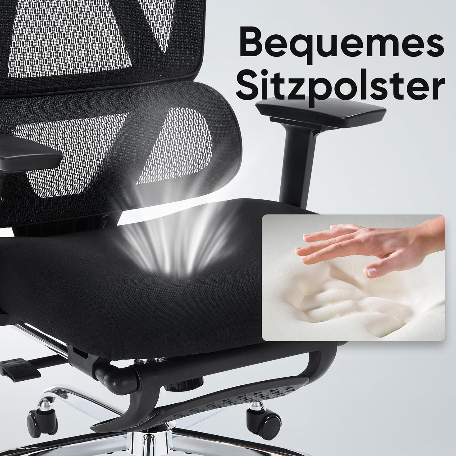 Ergonomischer Bürostuhl, Netz-Schreibtischstuhl mit Kopfstütze, Fußstütze und 3D-Armlehnen, höhenverstellbarer ergonomischer Bürostuhl, Bürostuhl mit 150 kg Tragkraft, Schwarz – Bild 6