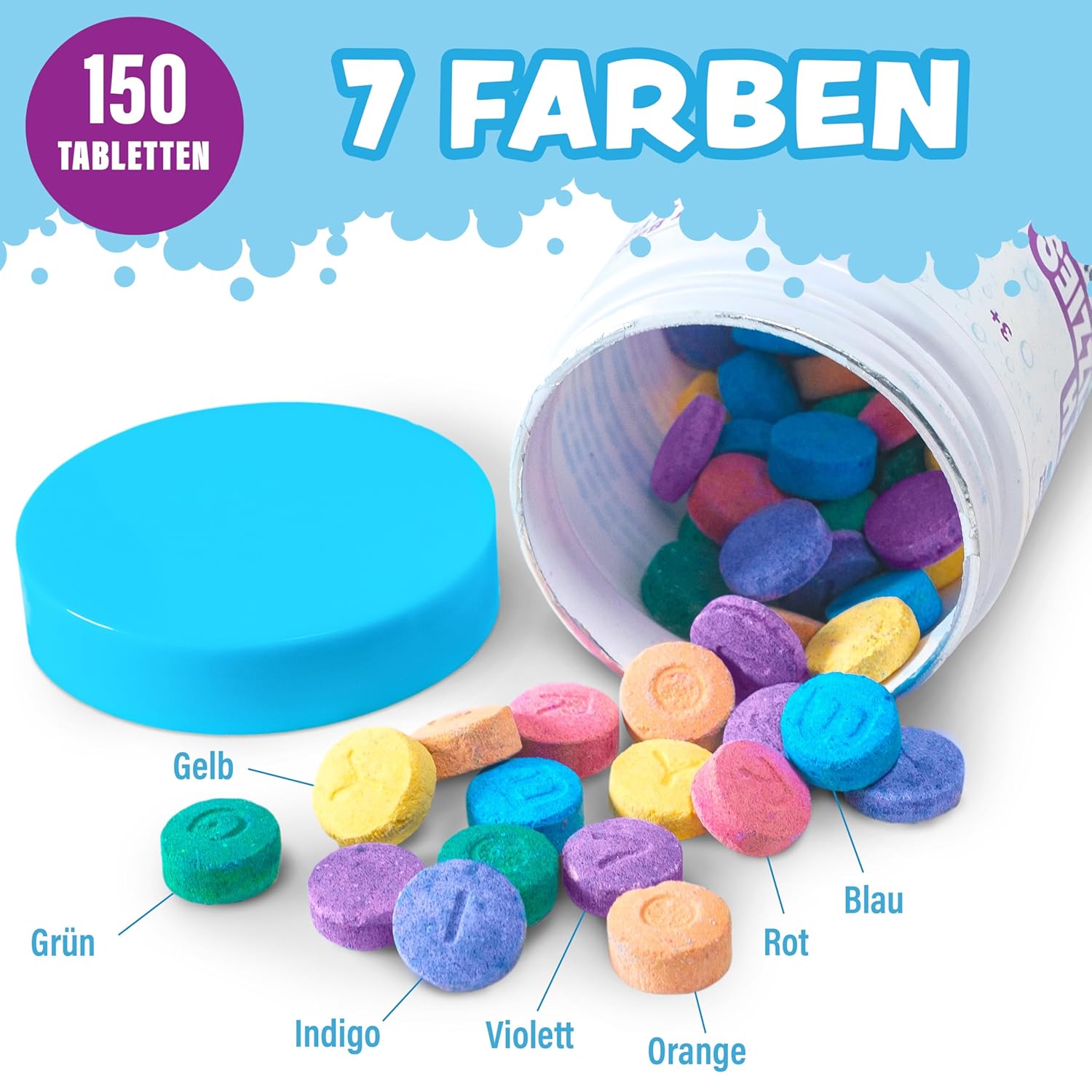 Tub Works® Farbiges Schaumbad, 150 Stück | Ungiftig und parfümfrei | Sprudelnde farbige Badetabletten für Kinder | Aquarelle erstellen | Wassertabletten in 7 Farben | Badebomben zum Baden – Bild 2