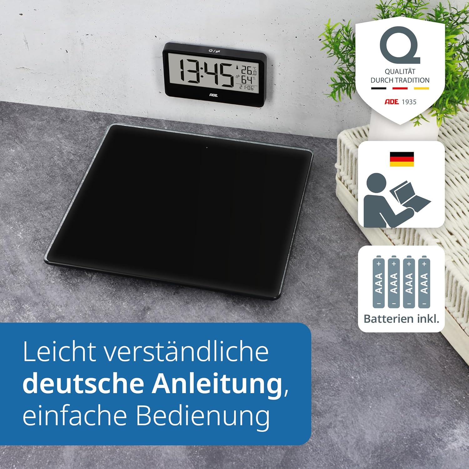 ADE Ronja Digitale Personenwaage mit kabelloser Anzeige bis 180 kg | Lesen Sie auf Augenhöhe, ohne sich zu bücken | Ideale Körperwaage für Senioren | mit Badeuhr, Hygrometer, Innenthermometer | Schwarz – Bild 8