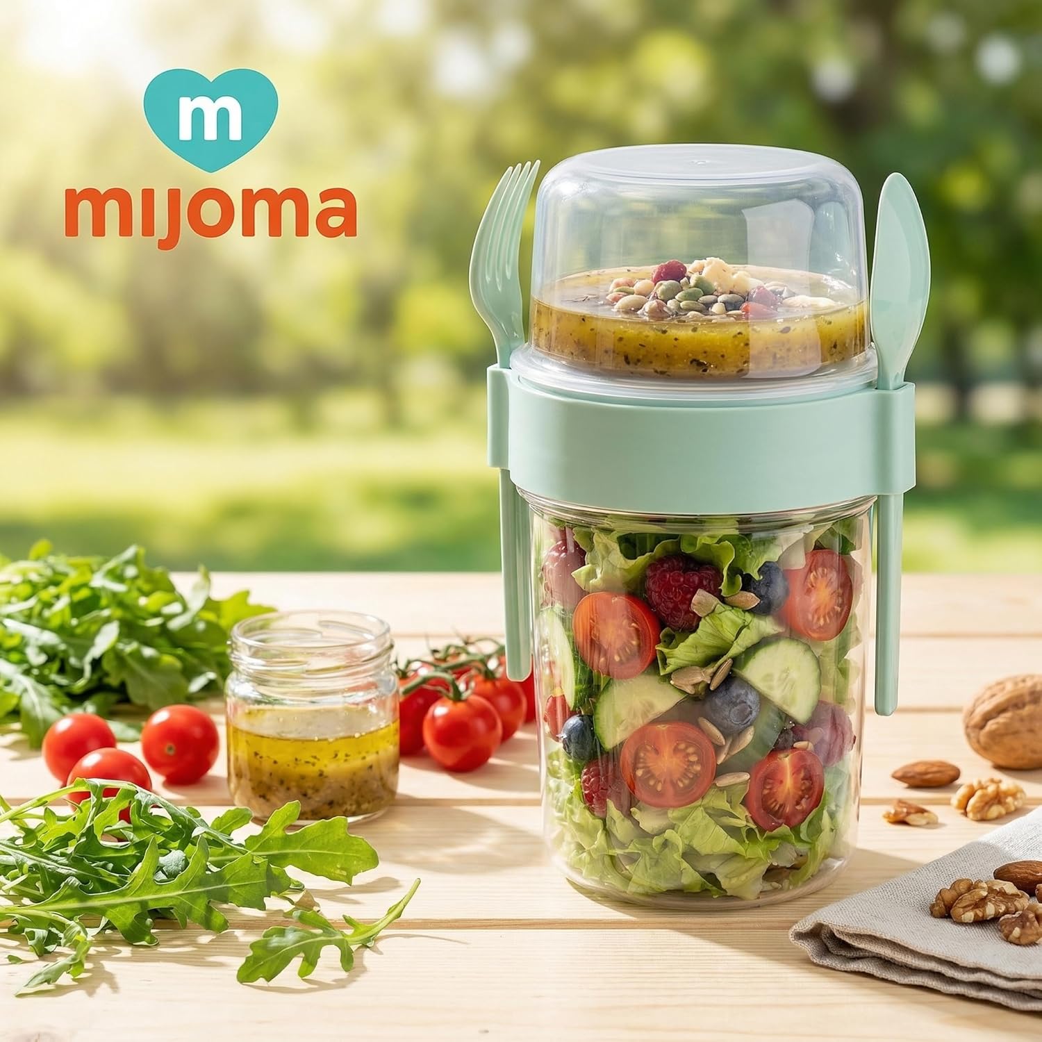 MIJOMA Salat-To-Go-Becher mit Besteck 1100 ml, auslaufsicher, BPA-frei – Meal-Prep-Behälter mit extra Fach für Dressing & Toppings – Salatbox für Reisen & Büro (Mintgrün) – Bild 2